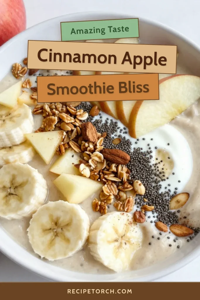 Start your day with a delicious and nutritious Cinnamon Apple Smoothie Bowl! This healthy smoothie bowl recipe combines frozen banana and chopped apples blended with dairy-free yogurt and almond milk, making it the perfect quick breakfast smoothie. Top it with apple slices, granola, and chia seeds for added crunch. Try this cinnamon banana smoothie recipe today for a delightful start to your morning! Save and share! #SmoothieBowl #HealthyRecipes #DairyFree #BreakfastIdeas