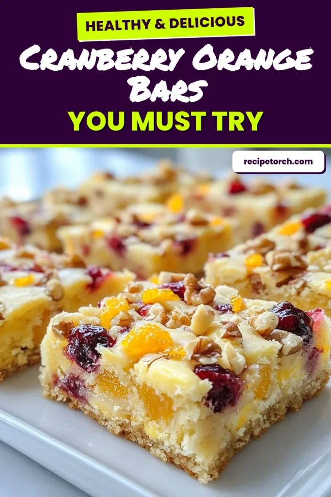 Indulge in the festive flavors of Cranberry Orange Bliss Bars! This easy cranberry recipes combines tart cranberries and zesty orange for a delightful treat perfect for any holiday gathering. Our cranberry bliss bars recipe features simple ingredients to create delicious orange dessert bars that everyone will love. Bake these holiday snack bars today and savor the taste of the season! Save for your next celebration! #CranberryOrangeBars #HolidayRecipes #DessertBars #BakingJoy