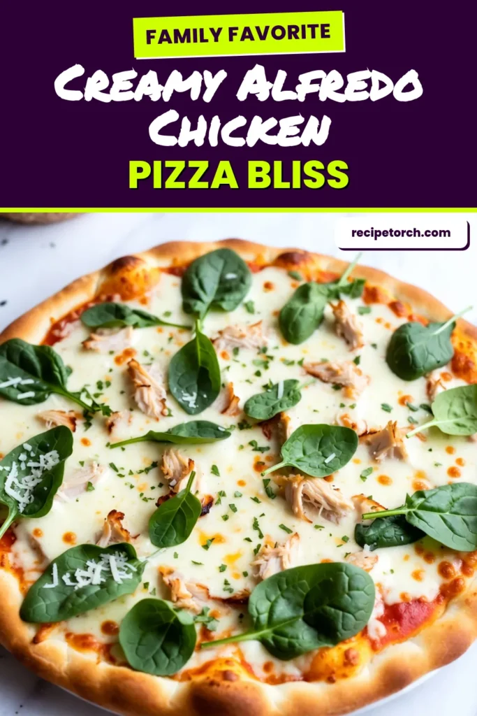 Discover the deliciousness of Creamy Chicken Alfredo Pizza with our easy pizza recipe! This Homemade Alfredo Pizza Recipe features tender chicken, fresh spinach, gooey mozzarella, and grated Parmesan for a mouthwatering combo. Perfect for family dinners or a cozy night in. Bake your Chicken Pizza with Spinach in just 30 minutes! Save and try this irresistible twist on classic pizza today! #PizzaRecipe #ChickenAlfredo #EasyRecipes #HomemadePizza