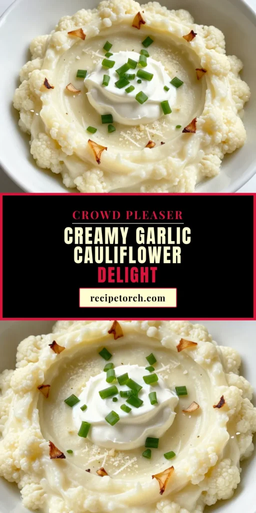 Discover the deliciousness of Creamy Garlic Mashed Cauliflower, a perfect low carb cauliflower recipe that's both satisfying and healthy. This Cauliflower Mash with Cream Cheese is rich, creamy, and packed with flavor, making it an ideal garlic mashed vegetable side dish for any meal. Treat yourself to this easy recipe and elevate your dining experience. Save this Healthy Mashed Cauliflower recipe and enjoy! #LowCarbRecipes #HealthyEating #CauliflowerMagic #VegetableSideDish