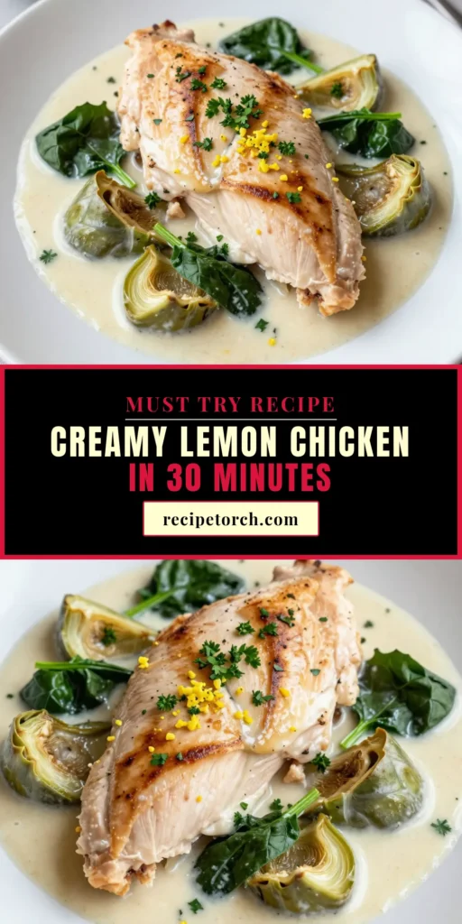 Discover this delightful Lemony Chicken Recipe that&rsquo;s perfect for busy weeknights! Our Creamy Artichoke Chicken is an easy chicken dinner packed with flavors of lemon and garlic. This Artichoke Chicken Delight combines tender chicken breasts, savory artichokes, and fresh spinach in a luscious sauce. Ready in just 30 minutes, it's a crowd-pleaser! Save this recipe for a quick meal tonight! #ChickenDinner #LemonGarlicChicken #ArtichokeRecipes #EasyMeals
