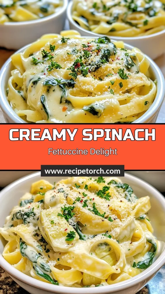 Indulge in this creamy fettuccine pasta dish with our flavorful spinach artichoke recipe. Perfect for quick weeknight dinners, this easy pasta dish features a luscious Parmesan cream sauce that elevates everyday meals to gourmet status. This vegetarian fettuccine combines rich flavors of spinach and artichokes, making it a must-try. Save this recipe for your next dinner party! #CreamyPasta #SpinachArtichoke #EasyPastaDishes #VegetarianFettuccine