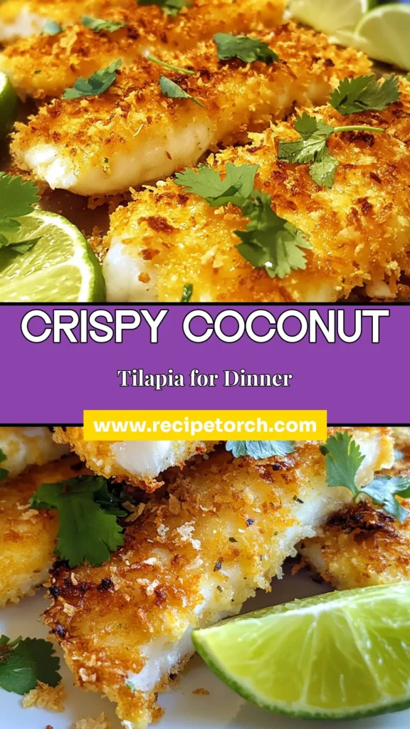 Discover the delight of Coconut Crusted Tilapia, the perfect Easy Fish Fry Recipe that combines crispy coconut and flaky fish for a healthy tropical fish dinner your family will love. This Coconut Crusted Fish is quick to prepare and bursting with flavor. Serve it with fresh lime and cilantro for an impressive touch. Don't miss out on this delicious Healthy Tilapia Recipe! Try it today and save for later! #CoconutCrustedTilapia #FishFry #HealthyFish #TropicalDinner