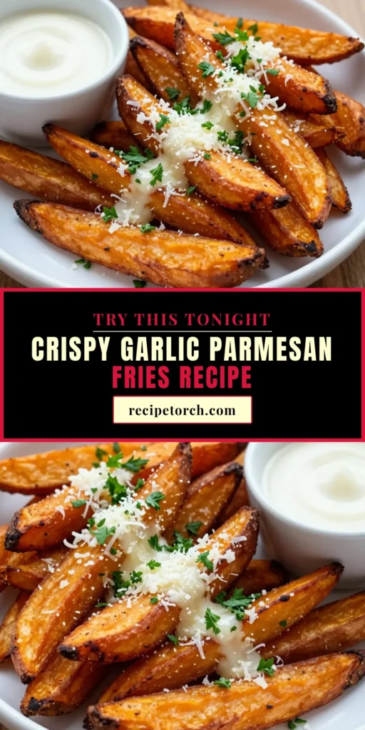 Looking for a delicious snack? Try these Garlic Parmesan Sweet Potato Fries! This baked sweet potato fries recipe combines the natural sweetness of sweet potatoes with savory garlic and melted Parmesan for a healthy twist on classic fries. Perfectly crispy and full of flavor, these healthy sweet potato fries are sure to be a hit at any gathering. Save this recipe for a tasty side dish tonight! #SweetPotatoFries #HealthyEating #BakedFries #GarlicParmesanFries