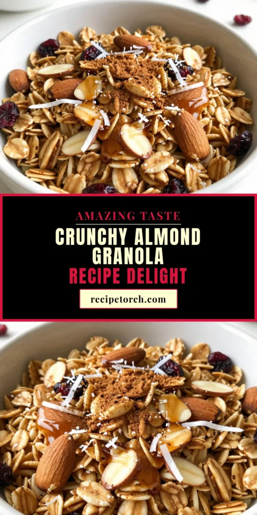 Indulge in this crunchy almond granola that&rsquo;s perfect for a healthy breakfast. This vanilla granola recipe features rolled oats, sliced almonds, and a touch of maple syrup for natural sweetness. It's simple to make homemade granola with oats and can be customized with your favorite nuts or dried fruits. Give your mornings a nutritious boost and enjoy a delightful start. Save this recipe and elevate your breakfast game! #GranolaRecipe #HealthyBreakfast #Oats #AlmondGranola