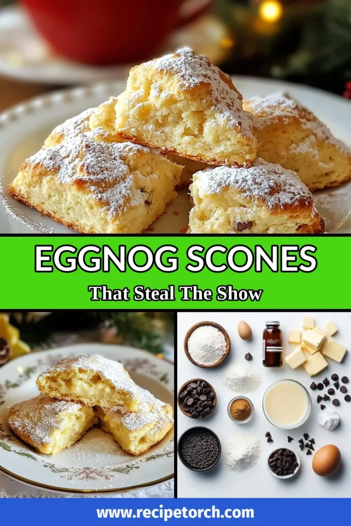 Delight in the holiday spirit with this Eggnog scone recipe that combines the rich flavors of eggnog and warm spices for festive scones your family will love. These easy scones with eggnog are perfect for your holiday baking recipes, and you can even add chocolate chips for extra indulgence. Don't miss out on these delicious treats&mdash;try this chocolate chip scones recipe today and make your festivities even sweeter! #EggnogScones #HolidayBaking #EasyScones #FestiveTreats