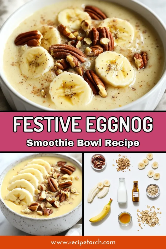 Indulge in the holiday spirit with this delicious Eggnog Smoothie Bowl! This healthy holiday smoothie is perfect for festive gatherings and packed with flavor. It's an easy protein smoothie made with almond milk, bananas, Greek yogurt, and spices that will delight your taste buds. Top it off with granola and pecans for a delightful crunch. Try this festive smoothie recipe today and give your mornings a delicious twist! Save this recipe for later! #EggnogSmoothieBowl #HealthyHolidaySmoothie #FestiveSmoothieRecipe #EasyProteinSmoothie