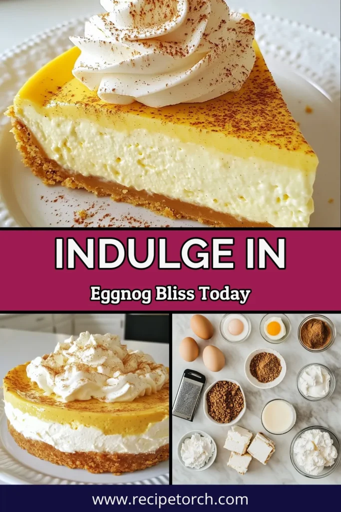 Indulge in the holiday spirit with this Festive Eggnog Cheesecake! This Christmas cheesecake recipe is a must-try for eggnog lovers and makes the perfect holiday dessert. With a creamy filling infused with rich eggnog flavors, it's an easy cheesecake recipe that will wow your guests. Get ready for compliments this season! Save this delicious Eggnog Dessert recipe for your holiday baking! #EggnogCheesecake #ChristmasDesserts #HolidayBaking #EasyRecipes