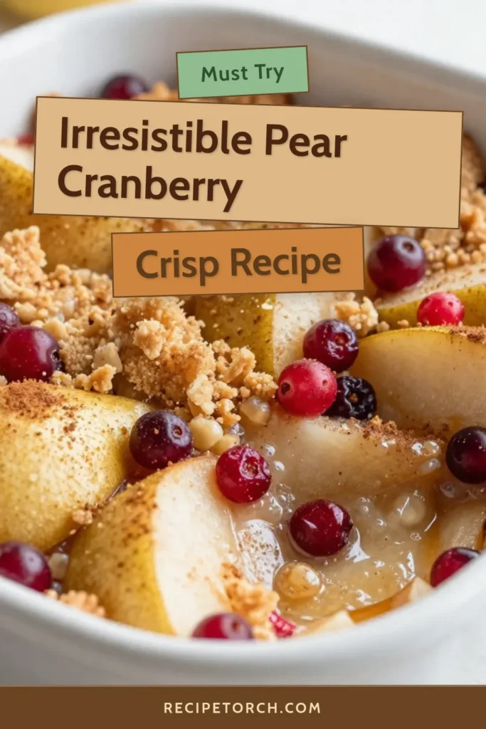 Indulge in the warm flavors of fall with this spiced pear cranberry crisp. This easy fruit crisp recipe features ripe pears and tart cranberries, creating a perfect pear dessert recipe for any gathering. With a crispy oat topping and aromatic spices, this cranberry crisp recipe is sure to impress. Try this delightful fall dessert recipe today and enjoy with a scoop of ice cream! Save this recipe for your next baking adventure. #FallDessert #CrispRecipe #PearDessert #FruitDessert