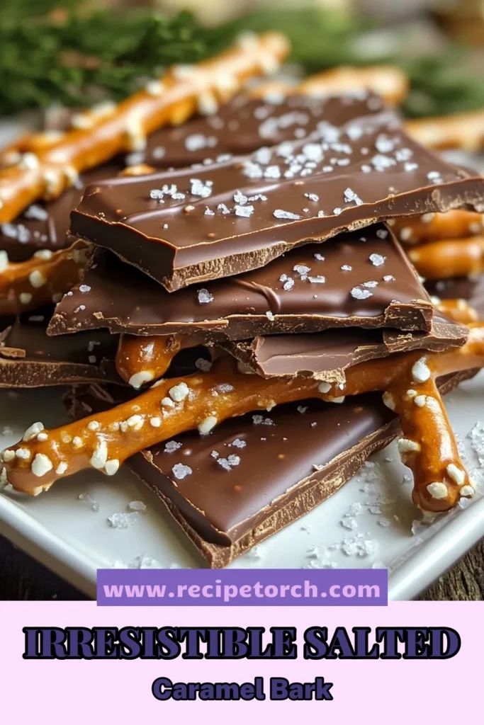 Indulge in the sweet and salty delight of Salted Caramel Pretzel Bark. This easy caramel bark recipe combines crunchy pretzels, smooth chocolate, and rich caramel for a mouthwatering treat. Ideal for holiday candy recipes, these chocolate pretzel treats are a must-try for your dessert table. Get ready to impress your friends and family! Save this recipe for your next gathering! #SaltedCaramelPretzelBark #EasyCaramelBarkRecipe #SweetAndSaltyDessert #HolidayCandyRecipes