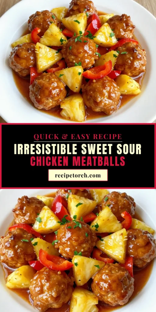Discover the perfect dinner idea with these Sweet and Sour Chicken Meatballs! This easy chicken meatball recipe features juicy, baked chicken meatballs coated in a delicious homemade sweet and sour sauce. Pineapple chicken meatballs are a hit for family meals or entertaining. Ready in just 40 minutes, they&rsquo;re not only tasty but simple to make. Try it today and elevate your weeknight dinners! #SweetAndSourChickenMeatballs #ChickenMeatballRecipe #EasySweetAndSourSauce #BakedChickenMeatballs