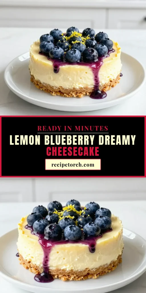 Indulge in a delightful Lemon Blueberry Cheesecake that's the perfect creamy cheesecake dessert for your next gathering! This no-bake cheesecake recipe features a buttery graham cracker crust and is topped with a fresh blueberry topping that bursts with flavor. It's easy to make and a classic cheesecake recipe that everyone will love. Try this refreshing treat and make it the star of your dessert table! Save this recipe to your boards! #LemonBlueberryCheesecake #NoBakeCheesecakeRecipe #CreamyCheesecakeDessert #FreshBlueberryTopping