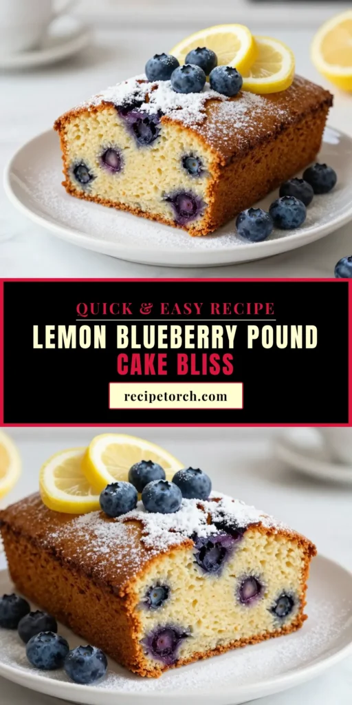 Indulge in a slice of our delicious Lemon Blueberry Pound Cake, the perfect Blueberry Dessert Recipe for any occasion! This Moist Pound Cake combines zesty lemon and fresh blueberries for a delightful flavor. Easy to make with our simple Lemon Cake Recipe, it&rsquo;ll impress your family and friends. Try this Baked Blueberry Treat today! Save this recipe for a delicious dessert you won&rsquo;t forget! #LemonBlueberryPoundCake #Baking #DessertRecipes #BlueberryLovers