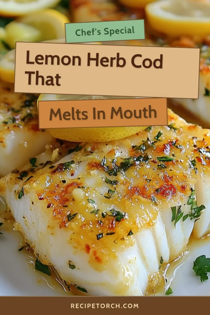 Discover the deliciousness of Lemon Herb Baked Cod, an easy cod recipe that&rsquo;s packed with flavor and nutrition. This healthy cod recipe features tender cod fillets marinated in a zesty lemon herb mixture, perfect for a quick weeknight dinner. Serve it with veggies or salad for a complete meal! Try this lemon marinade and enjoy a delightful dish that your family will love. Save this recipe for a healthy twist on dinner! #BakedCod #HealthyRecipes #CodFillets #EasyDinnerRecipes