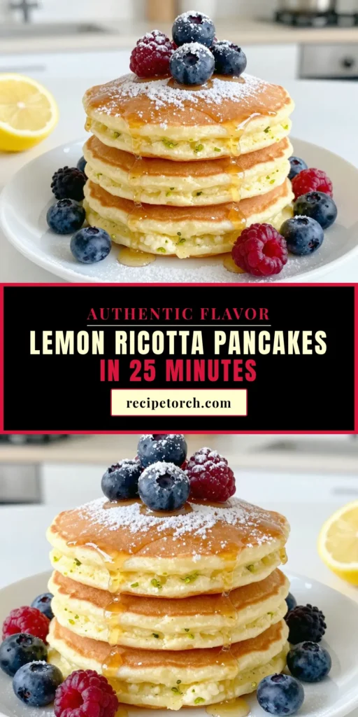 Indulge in these delicious lemon ricotta pancakes that are sure to brighten your breakfast! This fluffy ricotta pancakes recipe is an easy lemon pancake option that combines creamy ricotta with zesty citrus, creating the perfect homemade pancake recipe. Impress your family with these delightful treats! Try this citrus pancake recipe today and savor every bite. Don&rsquo;t forget to save for later! #LemonRicottaPancakes #FluffyPancakes #EasyRecipes #CitrusDesserts