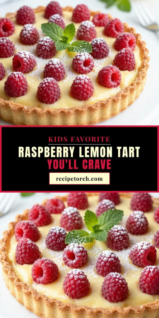Indulge in a delightful Raspberry Lemon Tart with this simple Raspberry Lemon Tart recipe that everyone will love. This homemade lemon tart features a buttery tart crust recipe and fresh raspberries, creating a perfect balance of sweet and tangy flavors. Impress your guests with this easy tart recipe that's perfect for any occasion. Save this recipe for a delicious treat today! #RaspberryLemonTart #EasyTartRecipes #HomemadeLemonTart #DessertIdeas
