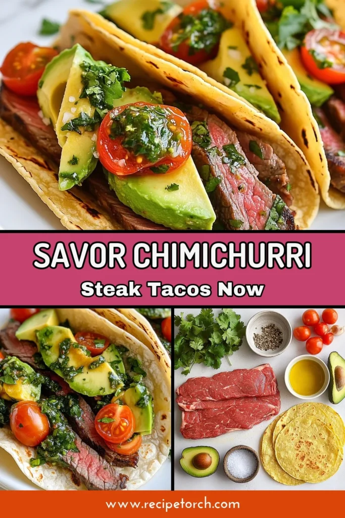 Discover the irresistible flavor of Chimichurri Steak Tacos! This flank steak taco recipe is an easy way to elevate your taco night with a homemade chimichurri sauce that perfectly complements juicy grilled steak. Top it off with creamy avocado for a delicious bite! Perfect for gatherings or a quick meal, these grilled steak tacos will leave everyone craving more. Save this recipe for the perfect taco night! #ChimichurriSteakTacos #EasyRecipe #TacoTuesday #HomemadeTacos