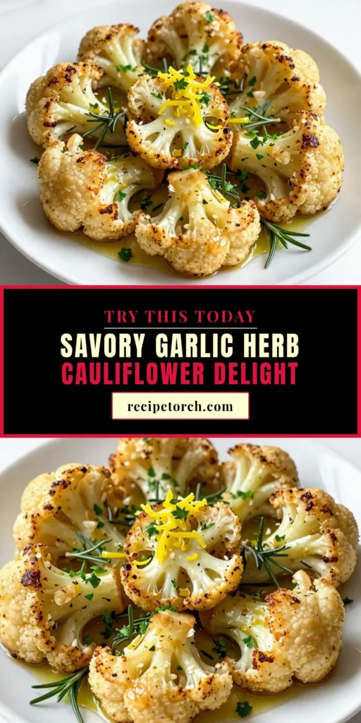 Discover the irresistible flavor of Garlic Herb Roasted Cauliflower, a must-try roasted cauliflower recipe that's perfect for any occasion! This healthy cauliflower dish makes a delightful vegetarian side dish that's easy to prepare. With just a few ingredients like garlic, fresh herbs, and lemon, you can create a dish that everyone will love. Ready to impress? Click to save this easy cauliflower recipe! #RoastedCauliflower #VegetarianRecipes #HealthyEating #CauliflowerLovers