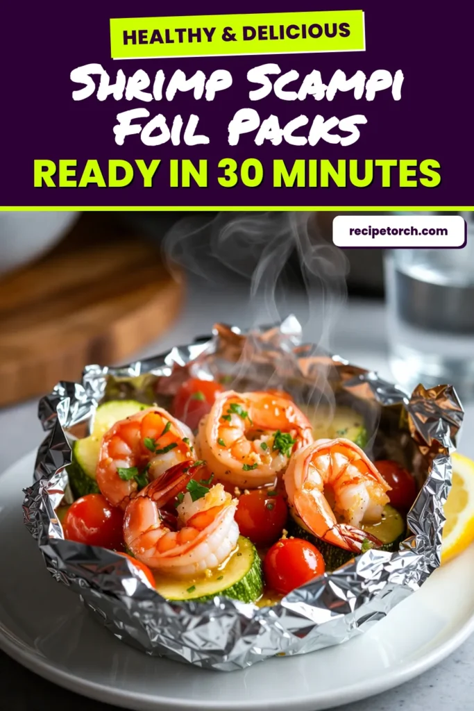 Dive into this delicious Garlic Butter Shrimp Scampi Foil Packs recipe for an easy shrimp dinner that the whole family will love! Perfectly seasoned shrimp, fresh zucchini, and juicy tomatoes are wrapped in foil for a hassle-free cooking experience. Enjoy this Grilled Shrimp Foil Packs delight as you unveil your meal at the table. Try this simple Shrimp Scampi with Zucchini tonight! Save and share! #GarlicButterShrimpScampi #EasyShrimpDinner #FoilPackShrimpRecipe #GrilledShrimpFoilPacks