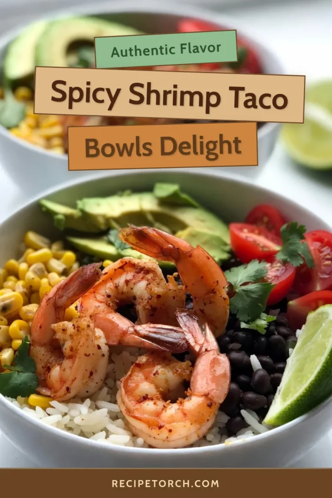 Dive into these delicious spicy shrimp taco bowls! This easy shrimp taco recipe combines perfectly seasoned shrimp with jasmine rice for a healthy taco bowl you&rsquo;ll love. Packed with black beans, corn, and fresh veggies, our shrimp and rice bowl recipe is perfect for quick weeknight dinners. Try it today and elevate your meal prep game! Save this recipe for a burst of flavor! #SpicyShrimpTacoBowls #ShrimpTacoRecipe #HealthyTacoBowls #EasyShrimpBowls