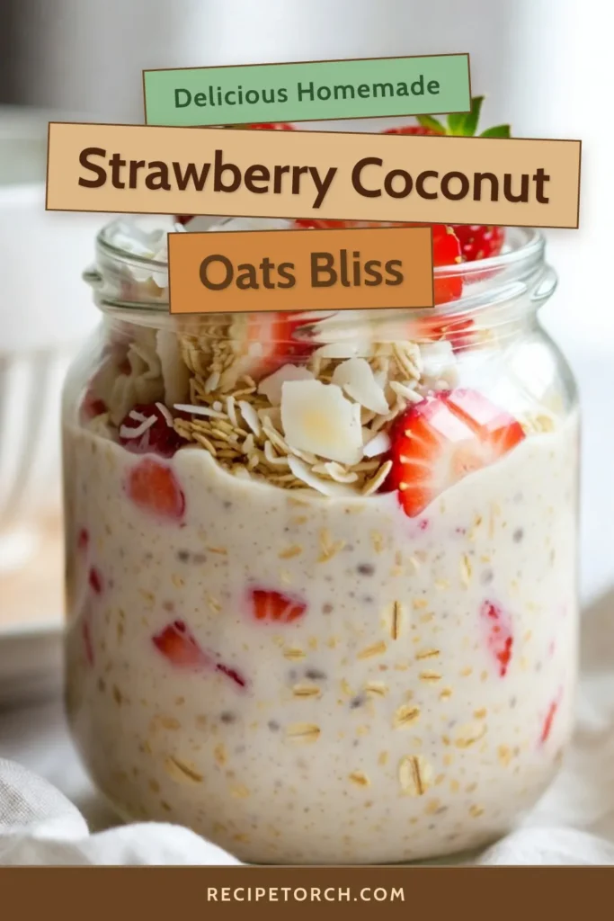 Start your day with a tasty twist on a classic with these Strawberry Coconut Oats! This Overnight Oats Recipe is filled with creamy coconut milk and Greek yogurt oats, making it a perfect healthy breakfast idea. Packed with fresh strawberries and a touch of shredded coconut, it&rsquo;s both nutritious and delicious. Prep in just 10 minutes for a delightful Coconut Milk Breakfast! Save this recipe for a quick morning meal! #HealthyBreakfast #OvernightOats #StrawberryCoconutOats #CoconutMilkBreakfast