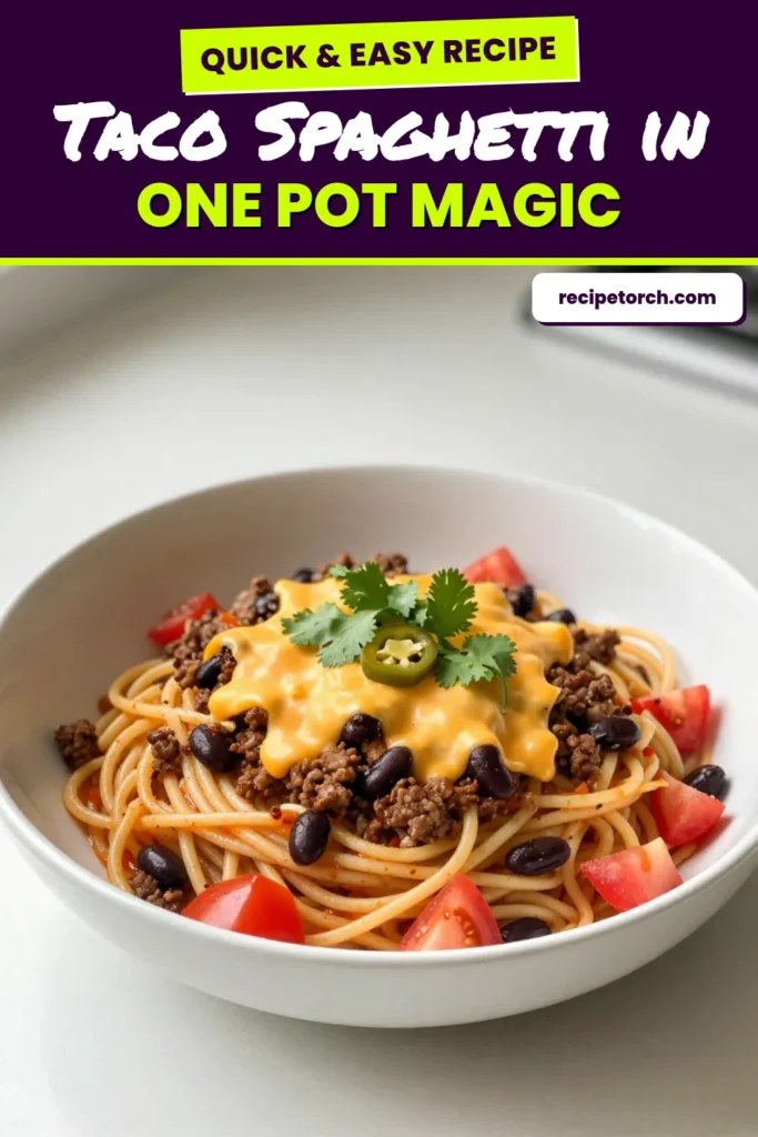 Discover the delicious One Pot Taco Spaghetti that combines the comfort of spaghetti with bold taco flavors! This Easy One Pot Dinner features ground beef, taco seasoning, and a medley of beans and tomatoes, making it a quick and satisfying meal any night. Simply cook, mix, and enjoy the delightful Taco Spaghetti Recipe that everyone will love. Perfect for busy weeknights! Give it a try and save the recipe for a tasty dinner! #OnePotTacoSpaghetti #TacoSpaghettiRecipe #EasyDinner #GroundBeefSpaghetti