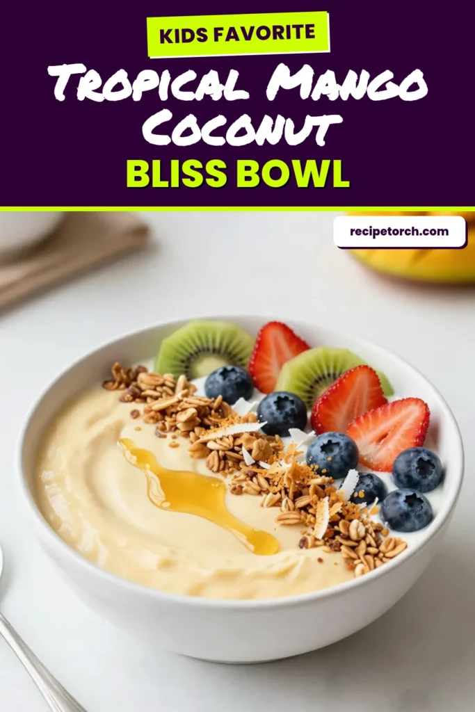 Indulge in a refreshing Mango Coconut Smoothie Bowl that&rsquo;s perfect for a healthy breakfast! This Tropical Smoothie Bowl Recipe is loaded with ripe mangoes, creamy coconut milk, and nutritious chia seeds, making it an ideal Easy Smoothie Bowl Recipe. Top with fresh fruit and granola for a delightful crunch. Ready to enjoy a burst of tropical flavors? Try this Healthy Breakfast Smoothie Bowl today! #SmoothieBowl #MangoCoconut #HealthyBreakfast #TropicalRecipe