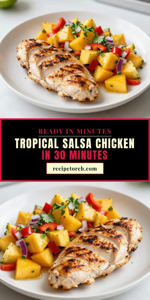 Discover the delicious and vibrant Mango Pineapple Salsa Chicken, a perfect Tropical Chicken Recipe for your next meal! This healthy chicken dinner features juicy grilled chicken with salsa that brings together sweet mango, fresh pineapple, and zesty lime. Elevate your weeknight cooking with this easy Mango Salsa Recipe that everyone will love. Perfect for summer barbecues or quick weeknight dinners. Save this recipe now and bring some tropical flavor to your table! #MangoPineappleSalsaChicken #HealthyDinner #TropicalFlavor #GrilledChickenRecipes