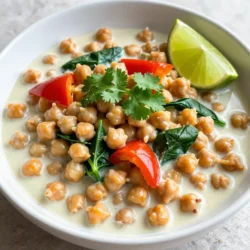 - 1 can (15 oz) chickpeas, thoroughly drained and rinsed - 1 can (13.5 oz) creamy coconut milk - 1 medium onion, finely diced - 2 cloves garlic, finely minced - 1 tablespoon fresh ginger, finely grated Chickpeas are the star of this dish. They add protein and fiber. Coconut milk gives the curry its rich, creamy texture. The onion, garlic, and ginger bring warmth and depth to the flavor. - 1 tablespoon vibrant red curry paste - 1 teaspoon ground cumin - 1 teaspoon turmeric powder Red curry paste adds a spicy kick and flavor. Cumin gives an earthy taste, while turmeric adds a golden hue and health benefits. Each spice plays an important role in creating a balanced curry. - 1 bell pepper (choose red or yellow for sweetness), chopped into bite-sized pieces - 1 cup fresh spinach leaves, washed and patted dry - Fresh cilantro leaves, for garnish (optional) - Lime wedges, for serving (optional) Bell peppers add color and sweetness. Fresh spinach adds nutrition and a pop of green. Garnishing with cilantro and lime brings brightness to each bite. These vegetables make the dish lively and appealing. {{ingredient_image_2}} Saut&eacute;ing the Onion Start by heating two tablespoons of extra virgin olive oil in a large skillet. Use medium heat. Once the oil is hot, add one finely diced onion. Saut&eacute; the onion for about five minutes. You want it to be translucent and slightly golden. Adding Garlic and Ginger Next, stir in two cloves of minced garlic and one tablespoon of freshly grated ginger. Cook this mix for one more minute. You will smell the wonderful aroma fill your kitchen. Incorporating Spices Now, add one tablespoon of vibrant red curry paste, one teaspoon of ground cumin, and one teaspoon of turmeric powder to the pan. Stir well to coat the onions with the spices. Let this cook for two minutes. This step really boosts the flavors. Pouring in Coconut Milk Gradually pour in one can of creamy coconut milk. Stir continuously as you pour. Bring the mixture to a gentle simmer. You should see it bubble softly. Mixing in Chickpeas and Bell Pepper Add one can of thoroughly drained and rinsed chickpeas, along with one chopped bell pepper. You can choose red or yellow for sweetness. Let this cook for about 10-12 minutes. The bell pepper should be tender but still crunchy. Folding in Spinach and Seasoning Gently stir in one cup of fresh spinach leaves. Cook for another 2-3 minutes until they are just wilted. Season your curry with salt and freshly ground black pepper to taste. It's time to enjoy the rich flavors you created! Balancing Spice Levels To balance the spice, taste as you cook. Start with a small amount of red curry paste. You can always add more if you like heat. Remember, spices build flavor over time. Adjust as needed for your taste. Adjusting Creaminess Want a creamier curry? Use more coconut milk. If it&rsquo;s too rich, add a bit of vegetable broth. This keeps the dish light without losing flavor. Stir gently to blend it all together. Best Serving Practices Serve coconut curry in shallow bowls. This allows a good view of the vibrant colors. Top each bowl with fresh cilantro for a pop of green. Place lime wedges on the side for a zesty touch. Ideal Side Dishes Pair your curry with fluffy jasmine rice. The rice soaks up the curry sauce well. You can also serve it with warm naan bread for dipping. Both sides enhance the meal&rsquo;s enjoyment. Stovetop vs. Instant Pot The stovetop method gives you more control. You can adjust the heat easily and monitor cooking times. The Instant Pot is great for quick meals. Just set it and let it do the work. Both methods yield delicious results, so choose what fits your schedule. Pro Tips Use Fresh Spices: Fresh spices can significantly enhance the flavor of your curry. Always check the freshness of your spices to ensure maximum flavor. Adjust the Heat: If you prefer a spicier curry, add more red curry paste or toss in some chopped fresh chili peppers for an extra kick. Experiment with Veggies: Feel free to add other vegetables like zucchini or carrots for added texture and nutrition. Just ensure they are chopped to similar sizes for even cooking. Let It Rest: Allowing the curry to sit for a few minutes before serving helps the flavors meld together beautifully, making each bite more delicious. {{image_4}} Vegan and Gluten-Free Options Coconut curry chickpeas are naturally vegan and gluten-free. You don't need to change anything. The chickpeas provide protein and fiber, while the coconut milk adds creaminess. Enjoy this dish without worry if you follow these diets. Lowering Caloric Content To lower calories, reduce the amount of coconut milk. You can also use light coconut milk. If you want, add more vegetables like zucchini or cauliflower. These changes keep the taste while cutting calories. Adding Heat (Spicy Versions) If you love spice, you can add red pepper flakes or chopped chili. Start with a small amount. Taste it before adding more. This way, you control the heat to your liking. Incorporating Other Vegetables Feel free to mix in other vegetables. Carrots, peas, or sweet potatoes work well. They add color and nutrition. Just chop them small so they cook evenly with the chickpeas. Different Pairings (Rice, Quinoa) You can serve coconut curry chickpeas with different sides. Jasmine rice is a classic choice. Quinoa is a great option too. Both soak up the sauce and make your meal heartier. Transforming into a Soup or Stew To make this dish into a soup, add more broth. You can use vegetable or chicken broth. This gives it a nice, soupy texture. It&rsquo;s perfect for chilly days or when you need a warm meal. - Best Practices for Leftovers After enjoying your coconut curry chickpeas, let them cool. Transfer the leftovers to an airtight container. This helps keep the flavors fresh. Make sure to seal it well. You can store it in the fridge for easy access. - Shelf Life in the Fridge Your coconut curry will last about 3 to 4 days in the fridge. Always check for any off smells or changes in color before eating. If it looks or smells strange, it&rsquo;s best to discard it. - How to Freeze Coconut Curry Chickpeas To freeze, let the curry cool completely. Pour it into a freezer-safe container. Leave some space at the top for expansion. You can also use freezer bags for easier storage. Just remove excess air before sealing. - Thawing and Reheating Tips When you&rsquo;re ready to eat, thaw the curry overnight in the fridge. If you're in a hurry, you can use the microwave. Reheat it on low until warm. Stir well to ensure even heating. - Prepping Ingredients Ahead of Time To save time, chop your veggies and measure spices in advance. Store them in separate containers. This makes cooking easier on busy nights. You can also cook a big batch of chickpeas for multiple meals. - Storing for Quick Weeknight Meals Keep your prepped ingredients in the fridge. This way, you can make your curry in about 20 minutes. It&rsquo;s quick, easy, and keeps your weeknight meals stress-free! You can use other beans like black beans or kidney beans. Lentils also work well. If you want a veggie option, try diced zucchini or cauliflower. Each of these will give a similar texture and soak up the curry flavors. Yes, this dish is already nut-free! The creamy coconut milk adds richness without any nuts. Just be sure to check all labels if you use processed items. To add heat, use more red curry paste. You can also add chopped fresh chili peppers. If you like it really spicy, try a dash of cayenne pepper or crushed red pepper flakes. Coconut curry lasts about three to four days in the fridge. Store it in an airtight container. Make sure it cools down before sealing and putting it in the fridge. This blog post covered the key elements to make a tasty coconut curry with chickpeas. We explored main ingredients like chickpeas and coconut milk, plus spices and vegetables. I provided step-by-step cooking instructions and tips for perfect flavor and presentation. You learned how to adjust for dietary needs and store leftovers safely. Cooking can be simple, and I hope you feel inspired to try this dish. Your kitchen can be a place for new flavors and fun meals! Enjoy your cooking journey!