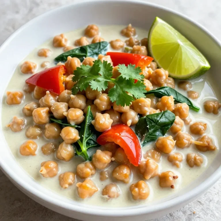- 1 can (15 oz) chickpeas, thoroughly drained and rinsed - 1 can (13.5 oz) creamy coconut milk - 1 medium onion, finely diced - 2 cloves garlic, finely minced - 1 tablespoon fresh ginger, finely grated Chickpeas are the star of this dish. They add protein and fiber. Coconut milk gives the curry its rich, creamy texture. The onion, garlic, and ginger bring warmth and depth to the flavor. - 1 tablespoon vibrant red curry paste - 1 teaspoon ground cumin - 1 teaspoon turmeric powder Red curry paste adds a spicy kick and flavor. Cumin gives an earthy taste, while turmeric adds a golden hue and health benefits. Each spice plays an important role in creating a balanced curry. - 1 bell pepper (choose red or yellow for sweetness), chopped into bite-sized pieces - 1 cup fresh spinach leaves, washed and patted dry - Fresh cilantro leaves, for garnish (optional) - Lime wedges, for serving (optional) Bell peppers add color and sweetness. Fresh spinach adds nutrition and a pop of green. Garnishing with cilantro and lime brings brightness to each bite. These vegetables make the dish lively and appealing. {{ingredient_image_2}} Sautéing the Onion Start by heating two tablespoons of extra virgin olive oil in a large skillet. Use medium heat. Once the oil is hot, add one finely diced onion. Sauté the onion for about five minutes. You want it to be translucent and slightly golden. Adding Garlic and Ginger Next, stir in two cloves of minced garlic and one tablespoon of freshly grated ginger. Cook this mix for one more minute. You will smell the wonderful aroma fill your kitchen. Incorporating Spices Now, add one tablespoon of vibrant red curry paste, one teaspoon of ground cumin, and one teaspoon of turmeric powder to the pan. Stir well to coat the onions with the spices. Let this cook for two minutes. This step really boosts the flavors. Pouring in Coconut Milk Gradually pour in one can of creamy coconut milk. Stir continuously as you pour. Bring the mixture to a gentle simmer. You should see it bubble softly. Mixing in Chickpeas and Bell Pepper Add one can of thoroughly drained and rinsed chickpeas, along with one chopped bell pepper. You can choose red or yellow for sweetness. Let this cook for about 10-12 minutes. The bell pepper should be tender but still crunchy. Folding in Spinach and Seasoning Gently stir in one cup of fresh spinach leaves. Cook for another 2-3 minutes until they are just wilted. Season your curry with salt and freshly ground black pepper to taste. It's time to enjoy the rich flavors you created! Balancing Spice Levels To balance the spice, taste as you cook. Start with a small amount of red curry paste. You can always add more if you like heat. Remember, spices build flavor over time. Adjust as needed for your taste. Adjusting Creaminess Want a creamier curry? Use more coconut milk. If it’s too rich, add a bit of vegetable broth. This keeps the dish light without losing flavor. Stir gently to blend it all together. Best Serving Practices Serve coconut curry in shallow bowls. This allows a good view of the vibrant colors. Top each bowl with fresh cilantro for a pop of green. Place lime wedges on the side for a zesty touch. Ideal Side Dishes Pair your curry with fluffy jasmine rice. The rice soaks up the curry sauce well. You can also serve it with warm naan bread for dipping. Both sides enhance the meal’s enjoyment. Stovetop vs. Instant Pot The stovetop method gives you more control. You can adjust the heat easily and monitor cooking times. The Instant Pot is great for quick meals. Just set it and let it do the work. Both methods yield delicious results, so choose what fits your schedule. Pro Tips Use Fresh Spices: Fresh spices can significantly enhance the flavor of your curry. Always check the freshness of your spices to ensure maximum flavor. Adjust the Heat: If you prefer a spicier curry, add more red curry paste or toss in some chopped fresh chili peppers for an extra kick. Experiment with Veggies: Feel free to add other vegetables like zucchini or carrots for added texture and nutrition. Just ensure they are chopped to similar sizes for even cooking. Let It Rest: Allowing the curry to sit for a few minutes before serving helps the flavors meld together beautifully, making each bite more delicious. {{image_4}} Vegan and Gluten-Free Options Coconut curry chickpeas are naturally vegan and gluten-free. You don't need to change anything. The chickpeas provide protein and fiber, while the coconut milk adds creaminess. Enjoy this dish without worry if you follow these diets. Lowering Caloric Content To lower calories, reduce the amount of coconut milk. You can also use light coconut milk. If you want, add more vegetables like zucchini or cauliflower. These changes keep the taste while cutting calories. Adding Heat (Spicy Versions) If you love spice, you can add red pepper flakes or chopped chili. Start with a small amount. Taste it before adding more. This way, you control the heat to your liking. Incorporating Other Vegetables Feel free to mix in other vegetables. Carrots, peas, or sweet potatoes work well. They add color and nutrition. Just chop them small so they cook evenly with the chickpeas. Different Pairings (Rice, Quinoa) You can serve coconut curry chickpeas with different sides. Jasmine rice is a classic choice. Quinoa is a great option too. Both soak up the sauce and make your meal heartier. Transforming into a Soup or Stew To make this dish into a soup, add more broth. You can use vegetable or chicken broth. This gives it a nice, soupy texture. It’s perfect for chilly days or when you need a warm meal. - Best Practices for Leftovers After enjoying your coconut curry chickpeas, let them cool. Transfer the leftovers to an airtight container. This helps keep the flavors fresh. Make sure to seal it well. You can store it in the fridge for easy access. - Shelf Life in the Fridge Your coconut curry will last about 3 to 4 days in the fridge. Always check for any off smells or changes in color before eating. If it looks or smells strange, it’s best to discard it. - How to Freeze Coconut Curry Chickpeas To freeze, let the curry cool completely. Pour it into a freezer-safe container. Leave some space at the top for expansion. You can also use freezer bags for easier storage. Just remove excess air before sealing. - Thawing and Reheating Tips When you’re ready to eat, thaw the curry overnight in the fridge. If you're in a hurry, you can use the microwave. Reheat it on low until warm. Stir well to ensure even heating. - Prepping Ingredients Ahead of Time To save time, chop your veggies and measure spices in advance. Store them in separate containers. This makes cooking easier on busy nights. You can also cook a big batch of chickpeas for multiple meals. - Storing for Quick Weeknight Meals Keep your prepped ingredients in the fridge. This way, you can make your curry in about 20 minutes. It’s quick, easy, and keeps your weeknight meals stress-free! You can use other beans like black beans or kidney beans. Lentils also work well. If you want a veggie option, try diced zucchini or cauliflower. Each of these will give a similar texture and soak up the curry flavors. Yes, this dish is already nut-free! The creamy coconut milk adds richness without any nuts. Just be sure to check all labels if you use processed items. To add heat, use more red curry paste. You can also add chopped fresh chili peppers. If you like it really spicy, try a dash of cayenne pepper or crushed red pepper flakes. Coconut curry lasts about three to four days in the fridge. Store it in an airtight container. Make sure it cools down before sealing and putting it in the fridge. This blog post covered the key elements to make a tasty coconut curry with chickpeas. We explored main ingredients like chickpeas and coconut milk, plus spices and vegetables. I provided step-by-step cooking instructions and tips for perfect flavor and presentation. You learned how to adjust for dietary needs and store leftovers safely. Cooking can be simple, and I hope you feel inspired to try this dish. Your kitchen can be a place for new flavors and fun meals! Enjoy your cooking journey!