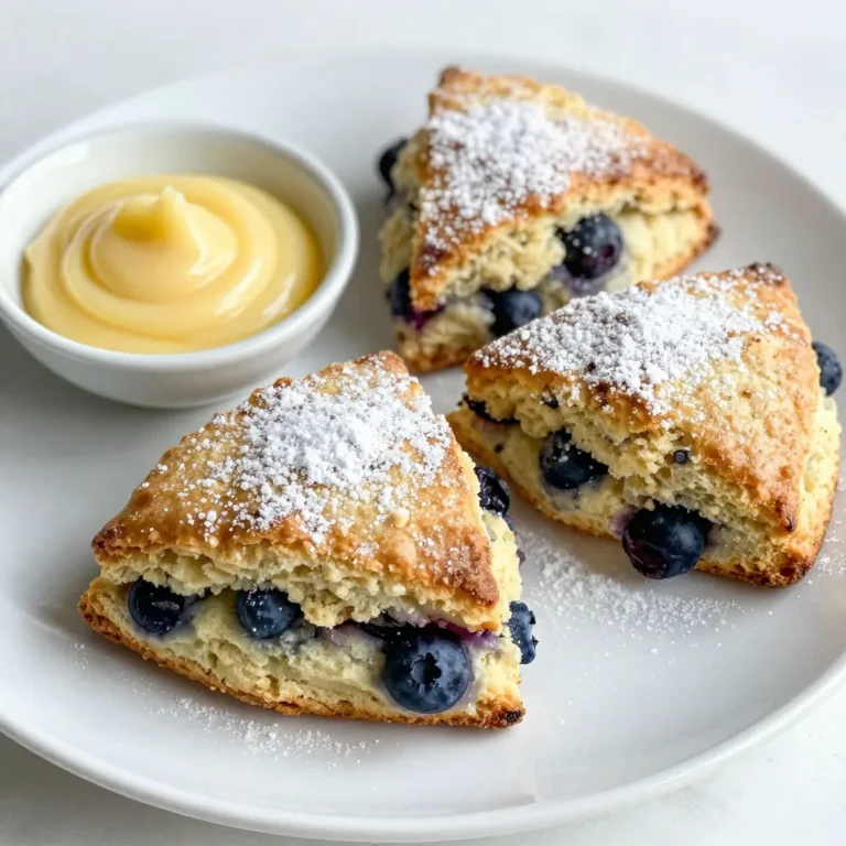 - 2 cups all-purpose flour - 1/2 cup granulated sugar - 1 tablespoon baking powder - 1/2 teaspoon salt - 1/2 cup cold unsalted butter, cut into small cubes - 1 cup fresh blueberries (or use frozen if fresh is not available) - Zest of 1 lemon - 1/2 cup buttermilk, chilled - 1 large egg - 1 teaspoon vanilla extract - 2 tablespoons fresh lemon juice - Coarse sugar, for sprinkling on top To make blueberry lemon scones, you need fresh and simple ingredients. All-purpose flour forms the base of the dough. Sugar adds sweetness, while baking powder helps the scones rise. Salt balances the flavors. The cold unsalted butter is key. It gives the scones a flaky texture. Fresh blueberries burst with flavor. Lemon zest brings a bright tang. Buttermilk adds richness and moisture. The large egg binds the mixture. Vanilla extract enhances the taste, and fresh lemon juice adds zest. Finally, coarse sugar tops the scones for a crunchy finish. Gather these ingredients, and you're ready to create a delightful treat! {{ingredient_image_2}} 1. First, preheat your oven to 400°F (200°C). This step is crucial for even baking. 2. Next, line a baking sheet with parchment paper. This helps prevent sticking. 3. In a large mixing bowl, combine 2 cups of all-purpose flour, 1/2 cup of granulated sugar, 1 tablespoon of baking powder, and 1/2 teaspoon of salt. 4. Whisk these dry ingredients together until you feel they are well blended and airy. 1. Now, take 1/2 cup of cold unsalted butter, cut into small cubes. 2. Add the butter cubes into the flour mixture. Use your fingertips or a pastry cutter to mix until it looks like coarse crumbs. 3. You want the bits of butter to be no larger than a pea. 4. Carefully fold in 1 cup of fresh blueberries and the zest of 1 lemon. Make sure the fruit stays whole. 1. In a small bowl, whisk together 1/2 cup of chilled buttermilk, 1 large egg, 1 teaspoon of vanilla extract, and 2 tablespoons of fresh lemon juice. 2. Pour this buttermilk mixture into your flour mixture. 3. Stir gently with a wooden spoon until the dough just comes together. It should stay slightly sticky and lumpy. 1. Transfer the dough onto a lightly floured surface. 2. Pat it into a circle about 1-inch thick. 3. Cut the dough into 8 wedges, or use a round cutter for individual scones. 4. Place the shaped scones onto your prepared baking sheet. 5. Brush the tops with a splash of buttermilk. Sprinkle coarse sugar on top for a crunchy finish. 1. Bake the scones in your preheated oven for 15-20 minutes. 2. They should turn golden brown, and a toothpick inserted in the center should come out clean. 3. Once baked, remove the scones from the oven. Transfer them to a wire rack to cool for a few minutes before serving. To get the best scones, avoid over-mixing the dough. Over-mixing makes scones tough. You want a soft, tender bite. When you mix the wet and dry ingredients, stir gently. The dough should look a bit rough and lumpy. Cutting the butter is key. Use cold butter that is cut into small cubes. This helps create flaky layers. Blend the butter into the flour until it looks like coarse crumbs. You should see small bits of butter, no larger than a pea. This will make your scones light and airy. Adjusting the lemon zest and juice can change the taste. If you want a stronger lemon flavor, add more zest or juice. Zest brings brightness, while juice adds a tangy kick. You can also try different berries. Blueberries are great, but raspberries or blackberries work too. Each berry adds its own twist. You can mix and match for fun flavors. Dust your warm scones with powdered sugar before serving. This adds a sweet touch that looks nice. Pair your scones with lemon curd or clotted cream. The creamy texture balances the tartness of the lemon. It makes for a delightful treat. You can create your own flavor combos for guests too. Pro Tips Use Cold Butter: Ensure your butter is very cold to achieve flaky, tender scones. This helps create steam during baking, resulting in a light texture. Don’t Overmix: Mix the dough just until combined. Overmixing can lead to tough scones. The dough should be slightly lumpy for the best results. Chill the Dough: If possible, chill the shaped scones in the refrigerator for about 15 minutes before baking. This helps them hold their shape and enhances the flaky texture. Experiment with Flavors: Feel free to add other ingredients like chopped nuts or different fruits. Almonds or raspberries can be a delicious twist on this classic scone recipe. {{image_4}} You can switch up the fruits in your scones to match the seasons. In spring, try fresh strawberries or cherries. In fall, diced apples or pears work great. Each fruit brings its own flavor and charm. You can even mix berries for a colorful treat. Adding spices can elevate your scones too. Cinnamon gives warmth, while nutmeg adds sweetness. Just a pinch can change the taste. Try mixing these spices into the dry ingredients for a cozy twist. If you're gluten-free, do not worry! You can use gluten-free flour blends. Look for a blend that includes xanthan gum for the best texture. This helps your scones rise well. For a vegan option, swap the butter for coconut oil or vegan butter. You can replace the egg with a flax egg. To make a flax egg, mix one tablespoon of ground flaxseed with three tablespoons of water. Let it sit for a few minutes until it thickens. This will help bind the dough. With these variations, everyone can enjoy blueberry lemon scones! To keep your scones fresh at room temperature, place them in an airtight container. This helps prevent them from drying out. You can enjoy them within two days. If you want a warm scone, simply reheat it in the oven for a few minutes. This brings back that lovely texture. If you want to save your scones for later, freezing is a great option. Wrap each scone tightly in plastic wrap. Then, place them in a freezer bag. They can last up to three months in the freezer. When you're ready to eat a scone, take it out and let it thaw. For the best taste, reheat it in an oven set at 350°F (175°C). Bake for about 10 minutes. This makes them taste fresh and delicious again! Your scones are done when they turn a golden brown color. This means the top is nice and crisp. To be extra sure, I recommend using the toothpick test. Just insert a toothpick into the center. If it comes out clean, your scones are ready. Yes, you can use frozen blueberries! They work well in this recipe. Just remember to add them straight from the freezer. Do not thaw them beforehand. This helps keep your dough from turning blue. You’ll still get that yummy burst of flavor in each bite. To make light and flaky scones, focus on how you mix your dough. When combining the butter and flour, use your fingertips or a pastry cutter. You want to mix until it looks like coarse crumbs. Also, avoid over-mixing when you add the wet ingredients. Stir just until everything comes together. This keeps air in your dough, giving you that perfect texture. Serve your scones warm for the best taste. Dust them lightly with powdered sugar for a sweet touch. You can also pair them with lemon curd or clotted cream. This adds a rich flavor that balances the lemon zest. Arrange them on a nice plate, and watch everyone enjoy! This blog post has covered how to make delicious blueberry lemon scones. We discussed the key ingredients needed, like flour, fresh blueberries, and buttermilk. I walked you through each step, from mixing to baking and cooling the scones. I also shared tips for achieving the perfect texture and flavor, as well as variations and storage methods. Now you have all the tools to create scones that everyone will enjoy. Happy baking!
