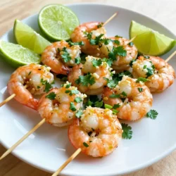 To make Cilantro Lime Shrimp Skewers, gather these fresh ingredients: - 1 pound large shrimp, peeled and deveined - 1/4 cup fresh cilantro, finely chopped - Zest and juice of 2 limes - 2 tablespoons extra virgin olive oil - 2 cloves garlic, minced - 1 teaspoon ground cumin - 1/2 teaspoon red pepper flakes (optional, for a hint of heat) - Salt and freshly ground black pepper to taste - Skewers (wooden or metal) If you need to swap any ingredients, here are some easy options: - Shrimp: Use chicken or firm fish like swordfish. - Cilantro: Parsley or basil work well in place of cilantro. - Lime: Lemon juice can replace lime juice if needed. - Olive oil: Any neutral oil, like avocado or canola oil, is fine. Want to add more flavor? Consider these optional ingredients: - Bell peppers or onions for added crunch and color. - Pineapple chunks for a sweet twist. - A splash of soy sauce for an umami kick. These tweaks can make your skewers even more exciting! {{ingredient_image_2}} To start, choose your skewers. If you use wooden skewers, soak them in water for at least 30 minutes. This step helps prevent burning on the grill. For metal skewers, you can skip this part. After soaking, dry them off. Next, grab a medium mixing bowl. Add 1/4 cup of finely chopped cilantro, the zest and juice of 2 limes, and 2 tablespoons of extra virgin olive oil. Then, add 2 cloves of minced garlic, 1 teaspoon of ground cumin, and 1/2 teaspoon of red pepper flakes if you want a bit of heat. Sprinkle in salt and black pepper to taste. Whisk all the ingredients together until they blend well and smell amazing. Now it's time to grill! First, preheat your grill or grill pan to medium-high heat. This helps the shrimp cook evenly. Carefully thread the marinated shrimp onto your skewers, leaving small gaps between them. This space allows heat to circulate. Place the skewers on the grill and cook for about 2-3 minutes on each side. Watch them closely. When they turn opaque and firm, they are done. Overcooking can make them rubbery. After grilling, let the skewers rest for one minute off the heat. This keeps them juicy. Serve them warm with lime wedges and extra cilantro on the side for garnish. To cook shrimp just right, watch the color change. Raw shrimp is gray. When cooked, it turns pink and opaque. This takes about 2-3 minutes per side. Don't overcook! Overcooked shrimp gets tough. It should feel firm but springy when done. For best flavor, marinate the shrimp for at least 15-30 minutes. If you have time, go for a full hour. This lets the flavors soak in deeply. If you marinate too long, the shrimp can get mushy. Always marinate in the fridge to keep it safe. Serve your skewers on a nice platter. Add lime wedges for extra zest. Garnish with fresh cilantro for a pop of color. You can even sprinkle some lime zest on top. This makes your dish look and taste fresh. Always serve warm for the best experience! Pro Tips Soak Wooden Skewers: Always soak wooden skewers in water for at least 30 minutes before grilling to prevent them from burning. Marination Time: For the best flavor, allow the shrimp to marinate for at least 30 minutes, but no more than 1 hour to prevent them from becoming mushy. Grill Temperature: Make sure your grill is preheated to medium-high heat before adding the skewers. This will help achieve a nice sear on the shrimp. Resting Time: Let the skewers rest for a minute after grilling to allow the juices to redistribute, ensuring moist and flavorful shrimp. {{image_4}} You can switch out shrimp for other proteins. Chicken works great. Use chicken breast cut into cubes. For a plant-based option, try firm tofu. Slice it into cubes and marinate just like the shrimp. You can also use fish like salmon or swordfish. Cut them into chunks for skewering. Adding veggies is fun too! Bell peppers, zucchini, and cherry tomatoes all make great choices. Cut them into bite-sized pieces. Mix them in with your shrimp or protein for a colorful dish. Want to kick up the flavor? Add spices! A dash of smoked paprika gives a nice twist. You can also add fresh herbs like parsley or mint. These herbs brighten the dish. For a tangy taste, add a splash of orange juice to the marinade. If you love heat, increase the red pepper flakes. Or try a bit of hot sauce in the marinade. This gives extra kick to your skewers. Grilling is popular, but you can cook these skewers in other ways too. If you don&rsquo;t have a grill, use your oven. Preheat it to 400&deg;F (200&deg;C). Place the skewers on a baking sheet. Bake for about 8-10 minutes. Flip halfway through to cook evenly. Another option is the stovetop. Use a grill pan on medium-high heat. Cook the skewers for about 2-3 minutes on each side. Both methods keep the shrimp juicy and full of flavor. To store leftover cilantro lime shrimp skewers, let them cool first. Place them in an airtight container. You can keep them in the fridge for up to three days. If you want to have them later, this is a great way to keep them fresh. You can freeze these skewers too. Just make sure they are fully cooled. Wrap each skewer in plastic wrap. Then, put them in a freezer-safe bag or container. This way, they can last for up to three months in the freezer. When you want to eat them, just thaw in the fridge overnight. To reheat, take the skewers out of the fridge or freezer. If frozen, let them thaw first. You can heat them in the oven at 350&deg;F for about 10 minutes. You can also use the microwave for quick reheating. Just warm them for about 30 seconds, checking often. Enjoy your tasty leftovers! You should marinate shrimp for at least 15 to 30 minutes. This time allows the shrimp to soak up the flavors of the cilantro, lime, and spices. If you have more time, you can marinate them for up to 2 hours in the fridge. Just remember, longer marinating can make shrimp taste even better! Yes, you can prepare these skewers in advance! You can marinate the shrimp and assemble the skewers up to a few hours before grilling. Just keep them in the fridge until you are ready to grill. This makes it easy to serve them at a party or family meal. Several sides work well with cilantro lime shrimp skewers. Here are some tasty options: - Coconut rice - Grilled vegetables - Corn on the cob - A fresh green salad - Quinoa with lime and herbs These sides can enhance your meal and make it even more enjoyable! This guide covers all you need for delicious cilantro lime shrimp skewers. From the right ingredients to effective grilling techniques, you now have the keys to success. Remember, marinating shrimp enhances flavor and tenderness. Experiment with different add-ins, proteins, and cooking methods to make it your own. Store leftovers safely for later enjoyment. With these tips, you can impress anyone with your cooking. Enjoy your culinary journey and happy grilling!