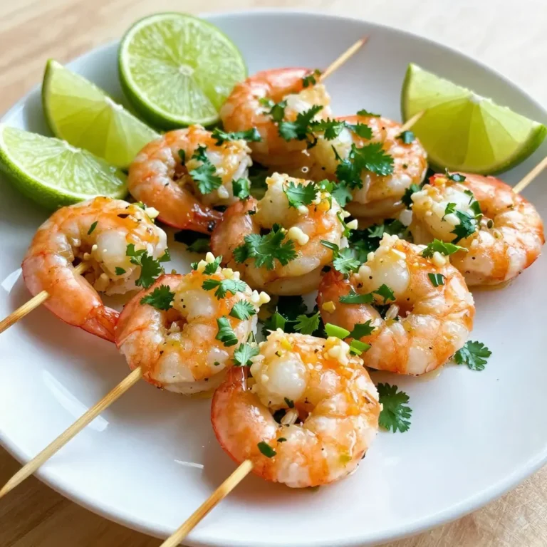 To make Cilantro Lime Shrimp Skewers, gather these fresh ingredients: - 1 pound large shrimp, peeled and deveined - 1/4 cup fresh cilantro, finely chopped - Zest and juice of 2 limes - 2 tablespoons extra virgin olive oil - 2 cloves garlic, minced - 1 teaspoon ground cumin - 1/2 teaspoon red pepper flakes (optional, for a hint of heat) - Salt and freshly ground black pepper to taste - Skewers (wooden or metal) If you need to swap any ingredients, here are some easy options: - Shrimp: Use chicken or firm fish like swordfish. - Cilantro: Parsley or basil work well in place of cilantro. - Lime: Lemon juice can replace lime juice if needed. - Olive oil: Any neutral oil, like avocado or canola oil, is fine. Want to add more flavor? Consider these optional ingredients: - Bell peppers or onions for added crunch and color. - Pineapple chunks for a sweet twist. - A splash of soy sauce for an umami kick. These tweaks can make your skewers even more exciting! {{ingredient_image_2}} To start, choose your skewers. If you use wooden skewers, soak them in water for at least 30 minutes. This step helps prevent burning on the grill. For metal skewers, you can skip this part. After soaking, dry them off. Next, grab a medium mixing bowl. Add 1/4 cup of finely chopped cilantro, the zest and juice of 2 limes, and 2 tablespoons of extra virgin olive oil. Then, add 2 cloves of minced garlic, 1 teaspoon of ground cumin, and 1/2 teaspoon of red pepper flakes if you want a bit of heat. Sprinkle in salt and black pepper to taste. Whisk all the ingredients together until they blend well and smell amazing. Now it's time to grill! First, preheat your grill or grill pan to medium-high heat. This helps the shrimp cook evenly. Carefully thread the marinated shrimp onto your skewers, leaving small gaps between them. This space allows heat to circulate. Place the skewers on the grill and cook for about 2-3 minutes on each side. Watch them closely. When they turn opaque and firm, they are done. Overcooking can make them rubbery. After grilling, let the skewers rest for one minute off the heat. This keeps them juicy. Serve them warm with lime wedges and extra cilantro on the side for garnish. To cook shrimp just right, watch the color change. Raw shrimp is gray. When cooked, it turns pink and opaque. This takes about 2-3 minutes per side. Don't overcook! Overcooked shrimp gets tough. It should feel firm but springy when done. For best flavor, marinate the shrimp for at least 15-30 minutes. If you have time, go for a full hour. This lets the flavors soak in deeply. If you marinate too long, the shrimp can get mushy. Always marinate in the fridge to keep it safe. Serve your skewers on a nice platter. Add lime wedges for extra zest. Garnish with fresh cilantro for a pop of color. You can even sprinkle some lime zest on top. This makes your dish look and taste fresh. Always serve warm for the best experience! Pro Tips Soak Wooden Skewers: Always soak wooden skewers in water for at least 30 minutes before grilling to prevent them from burning. Marination Time: For the best flavor, allow the shrimp to marinate for at least 30 minutes, but no more than 1 hour to prevent them from becoming mushy. Grill Temperature: Make sure your grill is preheated to medium-high heat before adding the skewers. This will help achieve a nice sear on the shrimp. Resting Time: Let the skewers rest for a minute after grilling to allow the juices to redistribute, ensuring moist and flavorful shrimp. {{image_4}} You can switch out shrimp for other proteins. Chicken works great. Use chicken breast cut into cubes. For a plant-based option, try firm tofu. Slice it into cubes and marinate just like the shrimp. You can also use fish like salmon or swordfish. Cut them into chunks for skewering. Adding veggies is fun too! Bell peppers, zucchini, and cherry tomatoes all make great choices. Cut them into bite-sized pieces. Mix them in with your shrimp or protein for a colorful dish. Want to kick up the flavor? Add spices! A dash of smoked paprika gives a nice twist. You can also add fresh herbs like parsley or mint. These herbs brighten the dish. For a tangy taste, add a splash of orange juice to the marinade. If you love heat, increase the red pepper flakes. Or try a bit of hot sauce in the marinade. This gives extra kick to your skewers. Grilling is popular, but you can cook these skewers in other ways too. If you don’t have a grill, use your oven. Preheat it to 400°F (200°C). Place the skewers on a baking sheet. Bake for about 8-10 minutes. Flip halfway through to cook evenly. Another option is the stovetop. Use a grill pan on medium-high heat. Cook the skewers for about 2-3 minutes on each side. Both methods keep the shrimp juicy and full of flavor. To store leftover cilantro lime shrimp skewers, let them cool first. Place them in an airtight container. You can keep them in the fridge for up to three days. If you want to have them later, this is a great way to keep them fresh. You can freeze these skewers too. Just make sure they are fully cooled. Wrap each skewer in plastic wrap. Then, put them in a freezer-safe bag or container. This way, they can last for up to three months in the freezer. When you want to eat them, just thaw in the fridge overnight. To reheat, take the skewers out of the fridge or freezer. If frozen, let them thaw first. You can heat them in the oven at 350°F for about 10 minutes. You can also use the microwave for quick reheating. Just warm them for about 30 seconds, checking often. Enjoy your tasty leftovers! You should marinate shrimp for at least 15 to 30 minutes. This time allows the shrimp to soak up the flavors of the cilantro, lime, and spices. If you have more time, you can marinate them for up to 2 hours in the fridge. Just remember, longer marinating can make shrimp taste even better! Yes, you can prepare these skewers in advance! You can marinate the shrimp and assemble the skewers up to a few hours before grilling. Just keep them in the fridge until you are ready to grill. This makes it easy to serve them at a party or family meal. Several sides work well with cilantro lime shrimp skewers. Here are some tasty options: - Coconut rice - Grilled vegetables - Corn on the cob - A fresh green salad - Quinoa with lime and herbs These sides can enhance your meal and make it even more enjoyable! This guide covers all you need for delicious cilantro lime shrimp skewers. From the right ingredients to effective grilling techniques, you now have the keys to success. Remember, marinating shrimp enhances flavor and tenderness. Experiment with different add-ins, proteins, and cooking methods to make it your own. Store leftovers safely for later enjoyment. With these tips, you can impress anyone with your cooking. Enjoy your culinary journey and happy grilling!