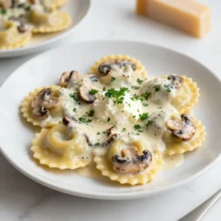 - Flour, Eggs, and Olive Oil You need 2 cups of all-purpose flour. This gives the dough its structure. Next, crack in 3 large eggs. The eggs add richness and help bind the dough. One tablespoon of extra virgin olive oil adds flavor and keeps the dough smooth. Don't forget 1 teaspoon of fine sea salt for taste. - Mushrooms and Garlic Use 1 cup of finely minced mushrooms, like cremini or button. They provide a deep, earthy flavor. One clove of garlic, finely chopped, adds a nice kick. Saut&eacute;ing them together creates a fragrant filling. - Cheeses and Spices For cheese, mix 1/2 cup of creamy ricotta and 1/4 cup of grated Parmesan. Ricotta gives it creaminess, while Parmesan adds sharpness. Add 1/4 teaspoon of freshly grated nutmeg and 1/4 teaspoon of cracked black pepper for extra depth of flavor. - Heavy Cream and Butter You will need 1/2 cup of heavy whipping cream to make a rich sauce. Two tablespoons of unsalted butter add richness to the sauce. This combination creates a smooth, creamy texture that coats the ravioli beautifully. Use these ingredients to create a comforting dish that impresses every time. {{ingredient_image_2}} Mixing Ingredients and Kneading To start, gather your flour and salt on a clean surface. Make a well in the center of the flour. Crack the eggs into the well, then add the olive oil. Use a fork to mix the flour into the eggs. Keep mixing until a shaggy dough forms. Next, knead the dough with your hands for about 5 to 7 minutes until smooth. Resting the Dough Once kneaded, wrap the dough in plastic wrap. Let it rest for 30 minutes at room temperature. This time helps the gluten relax, making it easier to roll out later. Saut&eacute;ing the Mushrooms In a medium skillet, melt some butter over medium heat. Add the finely minced mushrooms and cook for 5 to 7 minutes. Stir often until the mushrooms lose their moisture and soften. Then, add the chopped garlic and cook for 1 more minute. Combining Cheese and Spices Transfer the mushroom mix to a bowl to cool a bit. Add ricotta, Parmesan, nutmeg, and black pepper to the mushrooms. Stir everything until it&rsquo;s smooth and well mixed. Rolling Out the Dough After resting, divide the dough into 4 pieces. Roll each piece thinly using a pasta machine or rolling pin. Aim for about 1/16 inch thickness. Dust with flour as needed to prevent sticking. Filling and Sealing Each Ravioli On one sheet of pasta, place small teaspoonfuls of the filling. Leave about 1 inch between each mound. Lightly brush water around each filling to help seal. Place another sheet of pasta over the filled sheet and press down gently. Cut out individual ravioli using a knife or pasta cutter. Repeat with the remaining dough and filling. Boiling the Ravioli Fill a large pot with salted water and bring it to a rolling boil. Carefully add the ravioli without overcrowding the pot. Cook for 3 to 4 minutes, or until they float to the top. Removing and Draining Use a slotted spoon to remove the ravioli from the pot. Place them on a plate lined with paper towels to drain excess water. Melting Butter and Adding Cream In the same skillet used for the mushrooms, melt the last tablespoon of butter over medium heat. Pour in the heavy cream and bring it to a simmer while stirring. Simmering and Thickening Let the cream simmer for 2 to 3 minutes. Stir constantly until it thickens slightly. Tossing Ravioli in Cream Sauce Add the cooked ravioli to the skillet with the cream sauce. Gently toss them to coat evenly. Final Heating Steps Allow the ravioli to heat through for about 1 minute in the sauce. Then, serve hot with a sprinkle of chopped parsley on top. Enjoy your meal! Resting the dough is key. It helps the gluten relax. This makes rolling easier. Aim to rest the dough for at least 30 minutes. You can cover it with plastic wrap. The type of flour you use matters. All-purpose flour works well for this recipe. If you want a chewier texture, try &ldquo;00&rdquo; flour. Each flour type gives a different bite. You want a smooth filling for your ravioli. Mix the mushroom, cheese, and spices well. This creates a nice texture. Avoid excess moisture in your filling. Saut&eacute; mushrooms until they are dry. This helps keep your ravioli from becoming soggy. You want rich flavor without the mess. Change up the sauce for different flavors. You can add garlic or shallots to the cream. For a tangy twist, add a splash of lemon juice. Fresh herbs elevate your sauce. Try adding basil or thyme. They give a fresh taste to each bite. Mix herbs in just before serving for the best flavor. Pro Tips Use Fresh Ingredients: Fresh mushrooms and quality cheeses will elevate the flavor of your ravioli significantly. Look for ingredients that are in season for the best taste. Don&rsquo;t Overfill: When placing the filling on the pasta, make sure to keep the amount to a teaspoon per ravioli. This ensures they seal properly and cook evenly. Flour for Non-Stick: Dust your work surface and pasta sheets generously with flour while rolling out the dough. This prevents sticking and ensures a smooth assembly process. Rest the Dough: Allowing the pasta dough to rest for at least 30 minutes is crucial. This relaxes the gluten, making it easier to roll out and shape. {{image_4}} You can make a tasty vegan version of creamy mushroom ravioli. Start by using plant-based substitutes. Replace the eggs with a mix of water and flaxseed meal. Use 1 tablespoon of flaxseed meal mixed with 2.5 tablespoons of water for each egg. This helps bind the dough. For the filling, swap out the cheeses with cashew cheese or a tofu mix. Blend soaked cashews with garlic, lemon juice, and nutritional yeast for a creamy texture. Adjust the filling by adding spices like smoked paprika or herbs for a flavor boost. This makes the dish both vegan and delicious. If you need a gluten-free option, choose the right flour. Almond flour, rice flour, or a gluten-free blend work well. Just be sure to check the labels for safety. When making gluten-free ravioli, keep your ingredients safe. Use gluten-free pasta sheets or make your own dough with gluten-free flour. This way, everyone can enjoy the meal without worry. To enhance the taste, you can add spinach or other veggies. Chopped spinach adds color and nutrients. You can also try adding roasted red peppers or sun-dried tomatoes for extra flavor. Using different cheese varieties can change the whole dish. Try goat cheese for a tangy taste or a mix of mozzarella and ricotta. Each cheese brings its own unique flavor, making your creamy mushroom ravioli even more delightful. Refrigeration Tips You can keep uncooked ravioli in the fridge. Place them in a single layer on a baking sheet. Cover them lightly with plastic wrap. They stay fresh for up to two days. Freezing Guidance If you want to freeze uncooked ravioli, lay them on a baking sheet first. Freeze them until solid, then transfer the ravioli to a freezer bag. This helps keep them from sticking together. They last up to three months in the freezer. Best Practices for Keeping Freshness Store leftover cooked ravioli in an airtight container. You can add a little cream sauce to keep them moist. Make sure they cool down before sealing the container. They stay fresh in the fridge for about three days. Reheating Suggestions For reheating, you can use the microwave or stovetop. If using the microwave, cover them to keep moisture in. If on the stove, add a little cream or water to warm them up gently. How Long Ravioli Last in the Fridge Uncooked ravioli last about two days in the fridge. Cooked ravioli stay good for three days. Always check for freshness before eating. Signs of Spoilage Watch for changes in smell or texture. If the ravioli feels slimy or has a sour smell, it&rsquo;s best to throw them away. Always trust your senses when it comes to food safety. To make ravioli, you need simple tools and steps. Basic Steps and Equipment Needed - Tools: Rolling pin or pasta machine, knife or pasta cutter, mixing bowls. - Steps: 1. Mix flour and salt in a bowl. 2. Create a well, add eggs and olive oil. 3. Knead until smooth. Rest for 30 minutes. 4. Roll out dough, cut into sheets. 5. Fill with your favorite mixture and seal. Yes, you can freeze them for later use. Best Practices for Freezing and Thawing - To Freeze: Place uncooked ravioli in a single layer on a baking sheet. - Once frozen, transfer to a freezer bag. - To Thaw: Leave in the fridge overnight before cooking. Cooking fresh ravioli is easy and quick. Techniques for Perfectly Cooked Ravioli - Boil salted water in a large pot. - Add ravioli gently, don&rsquo;t overcrowd. - Cook until they float, about 3-4 minutes. - Use a slotted spoon to remove them. There are many ways to add flavor to your ravioli. Adding Extra Ingredients and Flavors - Toss in fresh herbs like basil or thyme. - Add a splash of lemon juice for brightness. - Mix in saut&eacute;ed spinach or roasted veggies. - Experiment with different cheeses like goat cheese or feta. Making creamy mushroom ravioli involves simple ingredients and clear steps. You learned about the right flour, fresh mushrooms, and rich cream that create a delicious dish. I shared tips for perfect dough and how to avoid soggy filling. You can even try vegan or gluten-free options. In the end, ravioli is an easy and fun dish to make at home. You'll impress everyone with your skills and unique flavors. Enjoy creating and sharing this meal with friends and family!