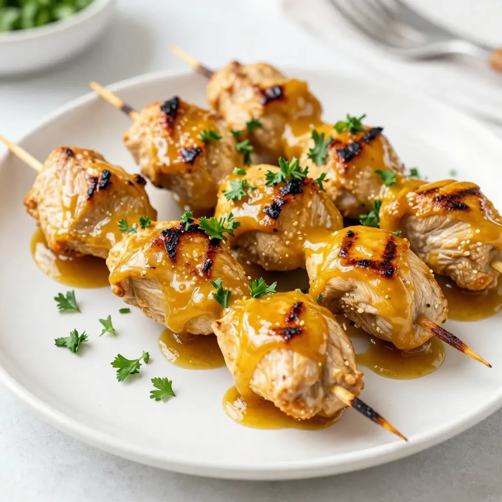 To make tasty honey mustard chicken skewers, you need simple, fresh items. Here’s what you will need: - 1 pound chicken breast, cut into 1-inch cubes - 1/3 cup honey - 1/4 cup Dijon mustard - 2 tablespoons olive oil - 2 tablespoons soy sauce - 2 garlic cloves, minced - 1 teaspoon smoked paprika - Salt and black pepper, to taste - Wooden or metal skewers (if using wooden skewers, soak them in water for 30 minutes to prevent burning) The marinade gives the chicken its sweet and tangy flavor. You mix the honey, Dijon mustard, olive oil, soy sauce, minced garlic, smoked paprika, salt, and pepper. Whisk them together until smooth. This blend makes the chicken juicy and full of flavor. Letting the chicken soak in this mix helps it absorb the taste. For a lovely finish, you can add some fresh parsley on top of the skewers. The green color makes them look nice and adds a hint of freshness. You can also serve the skewers with a small bowl of extra honey mustard dip. This way, you get to dip each piece and enjoy even more flavor. Serve them on a platter for a fun meal that impresses everyone. {{ingredient_image_2}} To start, gather your ingredients. In a medium bowl, mix together 1/3 cup of honey and 1/4 cup of Dijon mustard. Add 2 tablespoons of olive oil and 2 tablespoons of soy sauce. Mince 2 garlic cloves and toss them in. Then, sprinkle in 1 teaspoon of smoked paprika, along with a pinch of salt and black pepper. Use a whisk to blend everything well. This mixture gives the chicken a sweet and tangy flavor. Next, take 1 pound of chicken breast cut into 1-inch cubes. Add the chicken to the bowl with your marinade. Make sure each piece gets a good coat of the sauce. Cover the bowl with plastic wrap and put it in the fridge. Let the chicken marinate for at least 30 minutes. For even better flavor, you can let it sit for up to 2 hours. While the chicken is marinating, preheat your grill or grill pan to medium-high heat. This step is key for a nice sear. After marinating, take the chicken out of the fridge. Thread the cubes onto your skewers, leaving a little space between each piece. This helps them cook evenly. Place the skewers on the hot grill and cook for about 10 to 12 minutes. Turn them often for even cooking and great grill marks. Make sure the chicken reaches 165°F (75°C). Once grilled, take the skewers off the heat and let them rest for a few minutes. This allows the juices to spread throughout the chicken. For a lovely touch, sprinkle some freshly chopped parsley over the skewers. Serve them on a platter, and add a bowl of extra honey mustard dip. This adds fun and flavor to your meal. Use the right amount of marinade. For one pound of chicken, one cup is perfect. Ensure each piece gets coated well. I like to cover the bowl tightly and chill it. Marinate for at least 30 minutes. If you have time, go for two hours for extra flavor. Preheat your grill to medium-high heat. This step is key for a good sear. Place the skewers on the grill and cook for about 10-12 minutes. Turn them often to cook evenly. Use a meat thermometer to check for doneness. The chicken should reach 165°F to be safe to eat. Don’t overcrowd the skewers. Leave some space between chicken pieces. This allows heat to circulate and cook them evenly. Always soak wooden skewers for 30 minutes to prevent burning. Lastly, let the skewers rest after grilling. This keeps the chicken juicy and tender. Pro Tips Marinate Longer for Flavor: For the most flavorful chicken skewers, consider marinating the chicken for up to 2 hours. This allows the flavors to penetrate deeper, resulting in a more delicious dish. Use a Meat Thermometer: To ensure your chicken is cooked perfectly, use a meat thermometer to check the internal temperature. It should reach 165°F (75°C) for safe consumption. Experiment with Vegetables: Add some color and variety to your skewers by including vegetables such as bell peppers, onions, or zucchini. Simply cut them into similar-sized pieces and alternate them with the chicken on the skewers. Rest Before Serving: Allow the skewers to rest for a few minutes after grilling. This helps the juices redistribute throughout the chicken, ensuring every bite is juicy and tender. {{image_4}} You can switch out chicken for other proteins. Try using shrimp, pork, or tofu. Shrimp cooks fast and absorbs flavors well. Pork adds a nice richness, while tofu is great for a vegetarian option. Adjust cooking times based on the protein. Shrimp cooks in about 5-7 minutes, while pork may take a bit longer. To add more flavor, mix in spices. Consider adding cayenne for heat or lemon zest for brightness. You can also experiment with herbs like thyme or rosemary. For a sweet twist, add a splash of orange juice. You can even use spicy mustard instead of Dijon. These changes will make the skewers unique and exciting. Serving styles can change the dish's vibe. For a casual meal, serve skewers on a platter with dipping sauce. For a fancy dinner, arrange them on a plate with fresh greens. You can also create a fun build-your-own skewers bar. Provide extra toppings like diced veggies, cheese, or pickles. This way, everyone can customize their meal. After enjoying your honey mustard chicken skewers, you will likely have some leftovers. To store them properly, let the skewers cool down to room temperature. Next, wrap them tightly in plastic wrap or place them in an airtight container. This will keep them fresh. Store the skewers in the fridge for up to three days. When you're ready to enjoy the leftover skewers, you can reheat them easily. Preheat your oven to 350°F (175°C). Place the skewers on a baking sheet and cover them with foil. Heat for about 10-15 minutes. This will warm them through without drying them out. You can also use a microwave, but be careful not to overcook them. If you want to save your skewers for later, freezing is a great option. First, cool the skewers completely. Then, wrap each skewer individually in plastic wrap. Place them in a freezer-safe bag or container. They can stay in the freezer for up to three months. When you're ready to eat, thaw them in the fridge overnight and reheat as mentioned above. You should marinate the chicken for at least 30 minutes. This time lets the flavors blend well. If you want a stronger taste, marinate it for up to 2 hours. This longer time helps the chicken soak up more honey and mustard flavor. Yes, you can use a grill pan. Just make sure it’s hot enough before adding the skewers. A grill pan gives nice grill marks and a smoky flavor. It is a great option for indoor cooking. Some tasty side dishes include: - Garlic bread - Grilled vegetables - Quinoa salad - Coleslaw These sides add balance and flavor to your meal. Yes, this recipe is great for meal prep. You can make the skewers ahead of time and store them. Cooked skewers last well in the fridge for up to 4 days. Just reheat before eating for a quick meal. You can make the marinade a day before. Store it in the fridge until ready to use. This saves time and lets the flavors develop even more. Just mix it with the chicken when you are ready to cook. Honey mustard chicken skewers offer a simple yet tasty meal. We covered essential ingredients, marinade steps, and grilling techniques. You learned how to avoid common mistakes and try different proteins. Storing and reheating leftovers ensures no food goes to waste. Incorporating your ideas can make this dish even better. Enjoy making this recipe, share it with friends, and have fun on your cooking adventures!