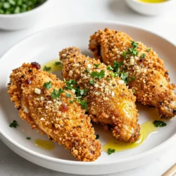 - 4 boneless, skinless chicken breasts - 1 cup panko bread crumbs - &frac12; cup grated Parmesan cheese - 2 teaspoons garlic powder - 1 teaspoon onion powder - 1 teaspoon dried Italian herbs (oregano, basil, thyme) - &frac12; teaspoon salt - &frac12; teaspoon black pepper - 2 large eggs - 2 tablespoons milk - 3 tablespoons olive oil - Fresh parsley, finely chopped, for garnish To make the Crispy Baked Garlic Parmesan Chicken, you need simple ingredients. First, gather your chicken breasts. They are the star of the dish and must be boneless and skinless. The next must-have is panko bread crumbs. This special type of bread crumb gives the chicken its crunchy texture. Grated Parmesan cheese adds a rich flavor that pairs well with the chicken. For the seasonings, garlic powder and onion powder provide depth. Dried Italian herbs bring a nice blend of flavors. Don't forget the salt and pepper to enhance everything. For the coating mixture, whisk together eggs and milk. This helps the breading stick. Olive oil adds moisture and helps the chicken brown nicely. Lastly, fresh parsley is for garnish. It adds color and a fresh taste. These ingredients come together to create a delightful meal that is sure to impress. {{ingredient_image_2}} First, you need to preheat your oven to 400&deg;F (200&deg;C). This step warms the oven, so your chicken cooks evenly. Next, prepare a baking sheet by lining it with parchment paper. This makes cleanup easy and helps the chicken not stick. In a shallow bowl, combine 1 cup of panko bread crumbs, &frac12; cup of grated Parmesan cheese, 2 teaspoons of garlic powder, 1 teaspoon of onion powder, and 1 teaspoon of dried Italian herbs. You should also add &frac12; teaspoon of salt and &frac12; teaspoon of black pepper. Stir everything together until it is well mixed. In another bowl, whisk together 2 large eggs and 2 tablespoons of milk. Make sure it's smooth and mixed well. Take each chicken breast and dip it into the egg mixture first. Let any extra egg drip back into the bowl. Next, coat the chicken in the panko mixture. Press down gently to ensure you cover the chicken well. Place the coated chicken breasts on the baking sheet in a single layer. Make sure not to overcrowd them. Drizzle 3 tablespoons of olive oil over each piece for even browning. Put the baking sheet in the oven. Bake the chicken for 25 to 30 minutes. You want it to turn golden brown and reach an internal temperature of 165&deg;F (75&deg;C). If you like extra crispiness, you can broil the chicken for an additional 2 to 3 minutes at the end. Once you take the chicken out of the oven, let it rest for about 5 minutes. This helps the juices go back into the meat, keeping it moist. Before serving, sprinkle freshly chopped parsley on top. This adds a nice touch of color and flavor. To get that perfect crunch, use panko bread crumbs. They are lighter and flakier than regular crumbs. This helps create a nice, crispy layer. Drizzle olive oil over the chicken. This oil helps the crumbs brown and crisp up in the oven. You will love how golden and crunchy the chicken turns out. Avoid overcrowding the baking sheet. If the chicken pieces touch, they will steam instead of crisp. Give each piece space to breathe. Also, don&rsquo;t skip the resting period after baking. Allow the chicken to rest for five minutes. This helps keep the juices in, making each bite juicy and tender. You can add more flavor by mixing in spices or herbs. Try adding paprika for a smoky taste or cayenne for heat. You can also use different cheese options. Mix in some cheddar or mozzarella for a twist. Each choice brings a new taste to your dish. Experiment and find your favorite flavor. Pro Tips Use Fresh Garlic: For an even more intense flavor, use freshly minced garlic instead of garlic powder. Let Chicken Rest: Allowing the chicken to rest for a few minutes after baking helps keep it juicy and flavorful. Experiment with Seasonings: Feel free to customize the herb blend to your taste by adding herbs like rosemary or thyme. Check Doneness: Use a meat thermometer to ensure the chicken reaches an internal temperature of 165&deg;F (75&deg;C) for perfect doneness. {{image_4}} You can add a twist to your Crispy Baked Garlic Parmesan Chicken. Try using different Italian herbs like rosemary or sage. These flavors will freshen the dish. For some heat, add cayenne pepper or crushed red pepper flakes. This gives the chicken a spicy kick that many enjoy. If you need gluten-free options, use crushed nuts instead of panko crumbs. Almonds or walnuts work well. They add a nice crunch, too. For those who follow a dairy-free diet, swap the Parmesan cheese with a plant-based alternative. Nutritional yeast is a great choice and brings a cheesy flavor without dairy. Pair this chicken with tasty sauces. A tangy barbecue sauce or creamy ranch dressing works great. For sides, serve it with roasted vegetables or a fresh garden salad. These options make a full meal that everyone will love. A side of mashed potatoes can add comfort to your dinner. Store any leftover chicken in an airtight container. Keep it in the fridge. This keeps it fresh. You can enjoy it for up to 3 days. Make sure to cool it down before you store it. To reheat the chicken, use the oven for the best results. Preheat the oven to 350&deg;F (175&deg;C). Place the chicken on a baking sheet and cover it with foil. Heat it for about 15-20 minutes. This helps keep it crispy. Avoid using the microwave. It can make the chicken soggy. You can freeze the cooked chicken. Wrap each piece tightly in plastic wrap. Then, place them in a freezer-safe bag. This helps protect it from freezer burn. The chicken stays good for up to 3 months. When you&rsquo;re ready to eat, thaw it in the fridge overnight. Reheat it in the oven as mentioned before. Enjoy your crispy chicken again! This dish takes about 45 minutes total. You spend 15 minutes prepping. Then, bake the chicken for 25-30 minutes. The chicken is ready when it is golden brown and reaches an internal temperature of 165&deg;F. This way, you ensure it is safe and juicy. Yes, you can use chicken thighs. They are juicier and add more flavor. Just adjust the cooking time. Thighs may take a bit longer to cook through. Always check the internal temperature to ensure doneness. Pair this chicken with some great sides. Roasted vegetables work well. You might also enjoy a fresh salad or mashed potatoes. These flavors complement the garlic and Parmesan nicely. To make this dish gluten-free, swap panko for crushed gluten-free crackers or nuts. You can also find gluten-free breadcrumbs at stores. Just make sure to check the labels. This way, you can still enjoy the crunch without gluten. In this blog post, I covered how to make Crispy Baked Garlic Parmesan Chicken. We explored the main ingredients, seasonings, and the step-by-step process for perfecting the dish. I shared tips to ensure a crispy coating and variations for dietary needs. You now have the skills to enjoy this delicious chicken dish. Experiment with flavors and serving suggestions to make it your own. Happy cooking!