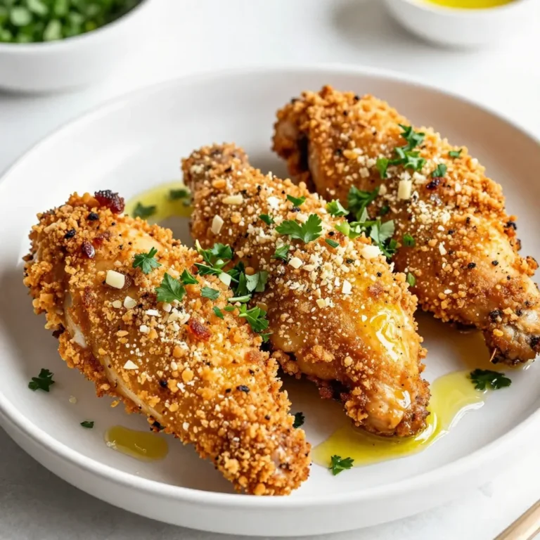- 4 boneless, skinless chicken breasts - 1 cup panko bread crumbs - ½ cup grated Parmesan cheese - 2 teaspoons garlic powder - 1 teaspoon onion powder - 1 teaspoon dried Italian herbs (oregano, basil, thyme) - ½ teaspoon salt - ½ teaspoon black pepper - 2 large eggs - 2 tablespoons milk - 3 tablespoons olive oil - Fresh parsley, finely chopped, for garnish To make the Crispy Baked Garlic Parmesan Chicken, you need simple ingredients. First, gather your chicken breasts. They are the star of the dish and must be boneless and skinless. The next must-have is panko bread crumbs. This special type of bread crumb gives the chicken its crunchy texture. Grated Parmesan cheese adds a rich flavor that pairs well with the chicken. For the seasonings, garlic powder and onion powder provide depth. Dried Italian herbs bring a nice blend of flavors. Don't forget the salt and pepper to enhance everything. For the coating mixture, whisk together eggs and milk. This helps the breading stick. Olive oil adds moisture and helps the chicken brown nicely. Lastly, fresh parsley is for garnish. It adds color and a fresh taste. These ingredients come together to create a delightful meal that is sure to impress. {{ingredient_image_2}} First, you need to preheat your oven to 400°F (200°C). This step warms the oven, so your chicken cooks evenly. Next, prepare a baking sheet by lining it with parchment paper. This makes cleanup easy and helps the chicken not stick. In a shallow bowl, combine 1 cup of panko bread crumbs, ½ cup of grated Parmesan cheese, 2 teaspoons of garlic powder, 1 teaspoon of onion powder, and 1 teaspoon of dried Italian herbs. You should also add ½ teaspoon of salt and ½ teaspoon of black pepper. Stir everything together until it is well mixed. In another bowl, whisk together 2 large eggs and 2 tablespoons of milk. Make sure it's smooth and mixed well. Take each chicken breast and dip it into the egg mixture first. Let any extra egg drip back into the bowl. Next, coat the chicken in the panko mixture. Press down gently to ensure you cover the chicken well. Place the coated chicken breasts on the baking sheet in a single layer. Make sure not to overcrowd them. Drizzle 3 tablespoons of olive oil over each piece for even browning. Put the baking sheet in the oven. Bake the chicken for 25 to 30 minutes. You want it to turn golden brown and reach an internal temperature of 165°F (75°C). If you like extra crispiness, you can broil the chicken for an additional 2 to 3 minutes at the end. Once you take the chicken out of the oven, let it rest for about 5 minutes. This helps the juices go back into the meat, keeping it moist. Before serving, sprinkle freshly chopped parsley on top. This adds a nice touch of color and flavor. To get that perfect crunch, use panko bread crumbs. They are lighter and flakier than regular crumbs. This helps create a nice, crispy layer. Drizzle olive oil over the chicken. This oil helps the crumbs brown and crisp up in the oven. You will love how golden and crunchy the chicken turns out. Avoid overcrowding the baking sheet. If the chicken pieces touch, they will steam instead of crisp. Give each piece space to breathe. Also, don’t skip the resting period after baking. Allow the chicken to rest for five minutes. This helps keep the juices in, making each bite juicy and tender. You can add more flavor by mixing in spices or herbs. Try adding paprika for a smoky taste or cayenne for heat. You can also use different cheese options. Mix in some cheddar or mozzarella for a twist. Each choice brings a new taste to your dish. Experiment and find your favorite flavor. Pro Tips Use Fresh Garlic: For an even more intense flavor, use freshly minced garlic instead of garlic powder. Let Chicken Rest: Allowing the chicken to rest for a few minutes after baking helps keep it juicy and flavorful. Experiment with Seasonings: Feel free to customize the herb blend to your taste by adding herbs like rosemary or thyme. Check Doneness: Use a meat thermometer to ensure the chicken reaches an internal temperature of 165°F (75°C) for perfect doneness. {{image_4}} You can add a twist to your Crispy Baked Garlic Parmesan Chicken. Try using different Italian herbs like rosemary or sage. These flavors will freshen the dish. For some heat, add cayenne pepper or crushed red pepper flakes. This gives the chicken a spicy kick that many enjoy. If you need gluten-free options, use crushed nuts instead of panko crumbs. Almonds or walnuts work well. They add a nice crunch, too. For those who follow a dairy-free diet, swap the Parmesan cheese with a plant-based alternative. Nutritional yeast is a great choice and brings a cheesy flavor without dairy. Pair this chicken with tasty sauces. A tangy barbecue sauce or creamy ranch dressing works great. For sides, serve it with roasted vegetables or a fresh garden salad. These options make a full meal that everyone will love. A side of mashed potatoes can add comfort to your dinner. Store any leftover chicken in an airtight container. Keep it in the fridge. This keeps it fresh. You can enjoy it for up to 3 days. Make sure to cool it down before you store it. To reheat the chicken, use the oven for the best results. Preheat the oven to 350°F (175°C). Place the chicken on a baking sheet and cover it with foil. Heat it for about 15-20 minutes. This helps keep it crispy. Avoid using the microwave. It can make the chicken soggy. You can freeze the cooked chicken. Wrap each piece tightly in plastic wrap. Then, place them in a freezer-safe bag. This helps protect it from freezer burn. The chicken stays good for up to 3 months. When you’re ready to eat, thaw it in the fridge overnight. Reheat it in the oven as mentioned before. Enjoy your crispy chicken again! This dish takes about 45 minutes total. You spend 15 minutes prepping. Then, bake the chicken for 25-30 minutes. The chicken is ready when it is golden brown and reaches an internal temperature of 165°F. This way, you ensure it is safe and juicy. Yes, you can use chicken thighs. They are juicier and add more flavor. Just adjust the cooking time. Thighs may take a bit longer to cook through. Always check the internal temperature to ensure doneness. Pair this chicken with some great sides. Roasted vegetables work well. You might also enjoy a fresh salad or mashed potatoes. These flavors complement the garlic and Parmesan nicely. To make this dish gluten-free, swap panko for crushed gluten-free crackers or nuts. You can also find gluten-free breadcrumbs at stores. Just make sure to check the labels. This way, you can still enjoy the crunch without gluten. In this blog post, I covered how to make Crispy Baked Garlic Parmesan Chicken. We explored the main ingredients, seasonings, and the step-by-step process for perfecting the dish. I shared tips to ensure a crispy coating and variations for dietary needs. You now have the skills to enjoy this delicious chicken dish. Experiment with flavors and serving suggestions to make it your own. Happy cooking!