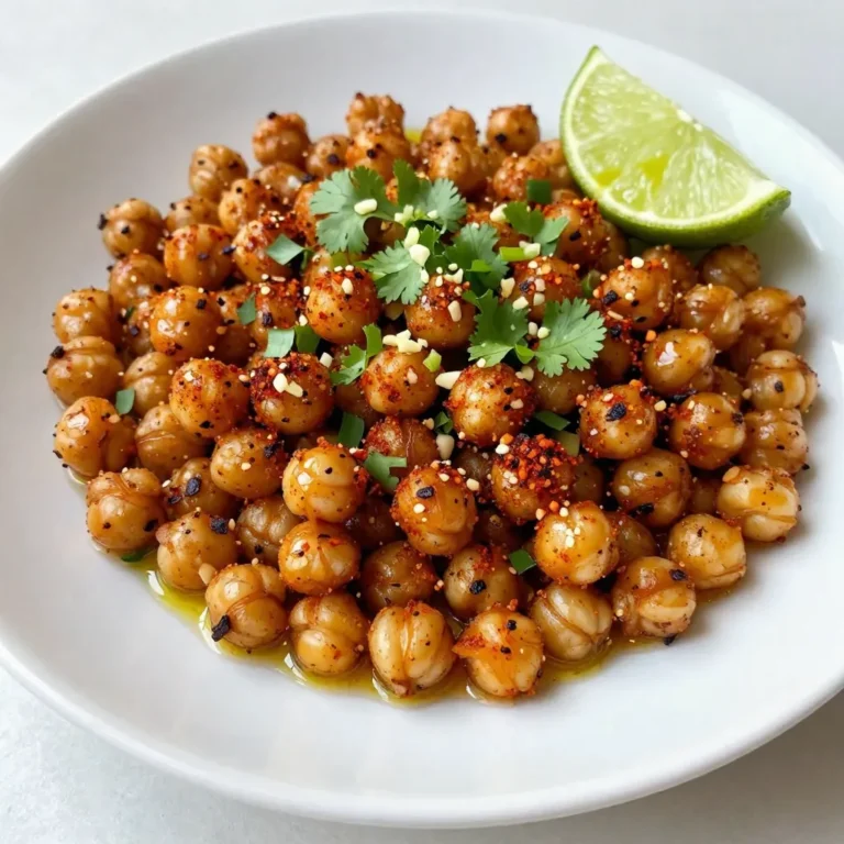 - Chickpeas Use one can of chickpeas, about 15 ounces. Drain and rinse them well. This helps remove any salty canning liquid. Dry them with a towel to make them crispy. - Spices and Seasonings You need a few spices to add flavor. Grab: - 2 tablespoons extra virgin olive oil - 1 teaspoon chili powder - 1/2 teaspoon smoked paprika - 1/4 teaspoon ground cumin - 1/4 teaspoon garlic powder - 1/2 teaspoon fine sea salt These spices bring warmth and depth to each bite. - Fresh Ingredients For brightness, use the juice and zest of one fresh lime. This adds a zesty kick. Lastly, chop some fresh cilantro for garnish. It adds a burst of color and freshness to the dish. These simple ingredients create a crunchy and flavorful snack that everyone will love. {{ingredient_image_2}} Start by preheating your oven to 400°F (200°C). This heat is perfect for crisping up the chickpeas. Line a baking sheet with parchment paper. This keeps the chickpeas from sticking and helps them roast evenly. Open a can of chickpeas and drain them well. Rinse them under cold water in a colander. This step removes the canning liquid that can make the chickpeas taste bland. Transfer the rinsed chickpeas onto a clean kitchen towel. Pat them dry gently to remove extra moisture. This is key for making them crunchy. In a large mixing bowl, add the dried chickpeas. Pour in two tablespoons of extra virgin olive oil. Next, add one teaspoon of chili powder, half a teaspoon of smoked paprika, a quarter teaspoon of ground cumin, and a quarter teaspoon of garlic powder. Add half a teaspoon of fine sea salt too. Use a spatula to mix. Toss until every chickpea is well coated with the oil and spices. Spread the seasoned chickpeas in a single layer on the baking sheet. Avoid overcrowding them; this helps them roast better. Place the baking sheet in your hot oven. Roast for 25 to 30 minutes. Stir the chickpeas halfway through cooking. They are done when they are golden brown and extra crispy. Once the chickpeas are roasted, take them out of the oven. Quickly place them in a bowl. Squeeze the juice from one fresh lime over the hot chickpeas. Add the lime zest for extra flavor. This gives the chickpeas a zesty twist that brightens up the dish. Let the chickpeas cool for a few minutes. Then, sprinkle chopped fresh cilantro on top. This adds a nice herbal note. For a lovely presentation, serve them in a chic bowl. You can even add more lime zest and cilantro on top. These chili lime roasted chickpeas are a great snack or a crunchy salad topping. Enjoy! To get crunchy chickpeas, start with dry ones. Rinse them well and dry them using a kitchen towel. Removing moisture is key for crispiness. Spread them out on your baking sheet without crowding. This allows hot air to move around each chickpea, making them crispy all over. Stir them halfway through roasting for even cooking. I recommend using extra virgin olive oil for roasting. It has a great flavor and helps the spices stick. You can also try avocado oil. Both oils can handle high heat and give a nice taste to the chickpeas. Just use enough to coat them well, but not too much. Store any leftover chickpeas in an airtight container. Keep them at room temperature for up to three days. If they lose some crunch, you can re-roast them briefly in the oven. Just a few minutes at 400°F (200°C) will revive their crispiness. Enjoy your tasty snack! Pro Tips Dry Chickpeas Thoroughly: Ensuring the chickpeas are completely dry before roasting is essential for achieving that perfect crunch. Moisture will prevent them from becoming crispy. Experiment with Spices: Feel free to customize the spice blend to your taste! Adding cayenne pepper for heat or paprika for smokiness can take these chickpeas to the next level. Use Fresh Lime: Always opt for fresh lime juice and zest for the best flavor. Bottled lime juice lacks the vibrant taste that fresh citrus provides. Store Properly: If you have leftovers, store them in an airtight container at room temperature. However, consume them within a day or two for optimal crispiness, as they can soften over time. {{image_4}} You can change the flavor of your chickpeas by adding different spices. Try using cayenne pepper for heat. Or mix in some paprika for a sweet touch. You can even add curry powder for a unique twist. Each spice brings its own taste and aroma. Experiment to find what you love best! Want to make your roasted chickpeas even more exciting? Try mixing in some nuts or seeds. Almonds or pumpkin seeds work great. You can also toss in some small pieces of bell pepper or onion before roasting. These additions add crunch and flavor. Feel free to get creative with your mix-ins! If you like it spicy, you can adjust the heat level. Add more chili powder for extra kick. You might also try using hot sauce or crushed red pepper flakes. If you prefer a milder taste, reduce the chili powder. This way, you can make the snack just right for you. Enjoy customizing your roasted chickpeas! To keep your roasted chickpeas fresh, store them in an airtight container. Make sure they cool completely before sealing. This helps maintain their crunchy texture. You can use a glass jar or a plastic container. Keep them at room temperature for the best taste. If you want to reheat your chickpeas, use your oven or a skillet. Preheat your oven to 350°F (175°C). Spread the chickpeas on a baking sheet and heat for about 5-10 minutes. Stir them halfway to ensure they heat evenly. This will help them regain some crunch. Roasted chickpeas can last up to one week when stored properly. After that, they may lose their crunch and flavor. For the best taste, try to eat them within the first few days. If you have extra, consider sharing them with friends or adding them to salads for a tasty crunch! Yes, you can use dried chickpeas. Soak them overnight in water. After soaking, cook them until soft. Then, drain and dry them before seasoning. This method takes longer but adds a fresher taste. This recipe is already vegan! It contains only plant-based ingredients. Enjoy them guilt-free as a tasty snack or a salad topper. These chickpeas pair well with many dishes. Try serving them with: - Fresh salads - Tacos - Wraps - Rice bowls They also make a great stand-alone snack. Yes! An air fryer works well for this recipe. Set it to 400°F (200°C). Cook the chickpeas for 15 to 20 minutes. Shake the basket halfway through for even cooking. Enjoy the same crunchy texture with less oil! Roasting chickpeas creates a tasty snack. We covered the main ingredients, including chickpeas and spices. I shared clear steps, tips for crispiness, and variations. You can choose different spices or adjust the heat to suit your taste. Proper storage keeps them fresh. Try these ideas to boost your snack game. Enjoy making this simple and healthy treat!
