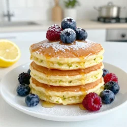 To make lemon ricotta pancakes, you need these simple ingredients: - 1 cup ricotta cheese - 1 cup all-purpose flour - 2 large eggs - 1/2 cup milk - 1 tablespoon baking powder - 1/4 cup granulated sugar - Zest of 1 lemon - 2 tablespoons fresh lemon juice - 1/2 teaspoon pure vanilla extract - A pinch of salt - Butter or oil for cooking Each ingredient plays a key role in making the pancakes fluffy and flavorful. The ricotta cheese adds creaminess and moisture. The flour gives structure, while eggs help bind everything together. Milk adds richness, and baking powder creates that perfect lift. Lemon zest and juice bring a bright, fresh flavor, making these pancakes stand out. The sugar balances the tartness of the lemon. Finally, a pinch of salt enhances all the flavors. For cooking, use butter or oil to achieve a crisp, golden exterior. With these ingredients, you can create a delicious breakfast that is both light and satisfying. {{ingredient_image_2}} Start by grabbing a large mixing bowl. Add 1 cup of ricotta cheese. Crack open 2 large eggs and toss them in. Pour in 1/2 cup of milk, followed by the zest of 1 lemon. Squeeze in 2 tablespoons of fresh lemon juice and add 1/2 teaspoon of pure vanilla extract. Whisk the mixture until it is smooth and well combined. This step builds a rich, creamy base. In a separate bowl, mix together 1 cup of all-purpose flour, 1 tablespoon of baking powder, 1/4 cup of granulated sugar, and a pinch of salt. Make sure to blend these dry ingredients well. This ensures even sweetness and rise in your pancakes. Now it's time to cook! Preheat a non-stick skillet or griddle over medium heat. Add a small amount of butter or oil to coat the surface lightly. For each pancake, scoop about 1/4 cup of the batter onto the hot skillet. Cook them for 2-3 minutes. Look for bubbles forming on the surface and edges that appear set. Carefully flip each pancake and cook for another 2-3 minutes. They should turn a lovely golden-brown color. Once they are done, remove the pancakes and keep them warm while you repeat with the remaining batter. Enjoy the delightful aroma of your lemon ricotta pancakes! To make the best batter, start with fresh ricotta cheese. It gives the pancakes a rich flavor. Combine the wet ingredients first. This includes ricotta, eggs, milk, lemon zest, lemon juice, and vanilla. Whisk them until smooth. In a separate bowl, mix your dry ingredients. This includes flour, baking powder, sugar, and salt. Stir them well to avoid clumps. When you combine wet and dry, mix gently. Overmixing can ruin the fluffiness. A few lumps in the batter are okay and even preferred! Use a non-stick skillet for cooking. Preheat it over medium heat. Add a little butter or oil, enough to coat the surface lightly. For each pancake, pour 1/4 cup of batter onto the skillet. Let them cook for 2-3 minutes. Watch for bubbles on the surface. This shows they are ready to flip. When you flip them, cook for another 2-3 minutes. Look for a golden-brown color. This means they are cooked through and fluffy. Stack the pancakes high on a plate for a stunning look. Drizzle them with maple syrup for sweetness. Fresh berries add a nice touch and color. You can sprinkle powdered sugar on top for a nice finish. Add a bit of extra lemon zest for a refreshing kick. This makes your pancakes look and taste amazing! Pro Tips Use Room Temperature Ingredients: Make sure your ricotta cheese and eggs are at room temperature for a smoother batter that mixes easily. Don&rsquo;t Overmix: Stir the batter until just combined. Overmixing can lead to tough pancakes, so embrace a few lumps! Perfect Heat: Keep your skillet at medium heat. If it&rsquo;s too hot, your pancakes will brown quickly on the outside while remaining raw inside. Experiment with Add-ins: Try adding blueberries or chocolate chips to the batter for a delicious twist on these lemon ricotta pancakes! {{image_4}} You can easily make these pancakes fit different diets. For a gluten-free option, swap all-purpose flour for gluten-free flour. Use almond or coconut milk instead of regular milk for a dairy-free choice. If you need a lower sugar option, reduce the sugar or use a sugar substitute. Adding a twist to your lemon ricotta pancakes can be fun. Try folding in fresh blueberries for a fruity burst. Chocolate chips can also make the pancakes sweet and indulgent. For a nutty flavor, add chopped walnuts or pecans into the batter. Each of these options brings a new taste to your breakfast! Toppings can change the whole vibe of your pancakes. Maple syrup is a classic choice, but try drizzling honey for a different sweetness. Fresh berries like strawberries or raspberries add color and flavor. For a creamy touch, add a dollop of whipped cream or yogurt. Sprinkling nuts or seeds on top gives a nice crunch! To keep your lemon ricotta pancakes fresh, stack them neatly. Place parchment paper between each pancake to avoid sticking. Use an airtight container to maintain moisture. Store them in the fridge for up to three days. Reheating is easy. You can use a microwave or a skillet. For the microwave, place pancakes on a plate, cover with a damp paper towel, and heat for 20-30 seconds. For the skillet, warm them on low heat for about a minute on each side. This keeps them fluffy. Freezing is a great option for meal prep. Allow pancakes to cool completely before freezing. Once cool, stack them with parchment paper in between and place in a freezer-safe bag. They can last for up to two months. When ready to eat, thaw in the fridge overnight and reheat as needed. Yes, you can make these pancakes gluten-free. Use a gluten-free flour blend instead of all-purpose flour. Look for blends that contain a mix of rice flour, almond flour, or other gluten-free options. This helps maintain the same texture and taste as regular pancakes. To make ricotta pancakes fluffier, you can separate the egg whites and beat them until stiff peaks form. Then, fold the beaten whites into the batter gently. This adds air and creates a lighter texture. Additionally, ensure you do not overmix the batter, as this can make the pancakes dense. You can enjoy lemon ricotta pancakes with many tasty toppings. Here are some ideas: - Fresh berries (like strawberries, blueberries, or raspberries) - Maple syrup - Honey - Whipped cream - A dusting of powdered sugar - More lemon zest for extra zing Yes, you can substitute some ingredients in this recipe. If you want to reduce calories, use low-fat ricotta cheese and milk. For a dairy-free option, try using almond milk and a dairy-free ricotta alternative. You can also swap in different citrus juices, like orange or lime, for a unique flavor twist. These lemon ricotta pancakes are a tasty treat. We covered their simple ingredients, like ricotta and flour, and how to mix them perfectly. You learned tips for fluffy pancakes and fun variations. We also shared storage advice to keep leftovers fresh. Now, you can whip up these pancakes with ease. Enjoy cooking and sharing this delightful meal!