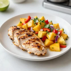 - 4 boneless, skinless chicken breasts - Olive oil, salt, and pepper for seasoning - 1 ripe mango, pitted and diced - 1 cup fresh pineapple, peeled and diced - 1 red bell pepper, seeded and diced - 1/4 cup red onion, finely chopped - 1 jalape&ntilde;o, deseeded and minced (optional) - 2 tablespoons freshly squeezed lime juice - Fresh cilantro, chopped (for garnish) - Lime wedges and other potential accompaniments When I create a dish like Mango Pineapple Salsa Chicken, I want each ingredient to shine. First, I choose high-quality chicken. I love using boneless, skinless breasts. They grill nicely and soak up flavors well. Seasoning with olive oil, salt, and pepper adds a good base for the chicken. For the salsa, ripe mango and fresh pineapple are key. They bring sweetness and brightness. I dice them into small pieces. This way, they mix well with other ingredients. I also add a red bell pepper for crunch. A finely chopped red onion gives it a nice bite. If you like heat, the jalape&ntilde;o is a great option. Just remember to remove the seeds for less spice. Lime juice is essential. It brightens the salsa and balances the sweetness. Fresh cilantro is a must for garnish. It adds color and a fresh taste. When serving, I like to add lime wedges. They give a fun touch and let everyone add more flavor if they want. {{ingredient_image_2}} To start, grab a medium mixing bowl. Add your diced mango, fresh pineapple, red bell pepper, finely chopped red onion, and minced jalape&ntilde;o if you like some heat. Pour in the lime juice and sprinkle a pinch of salt and pepper. Gently toss all the ingredients together. This step is key. Let the salsa sit for 10-15 minutes. This time allows the flavors to come together and shine. Next, let&rsquo;s season the chicken. Use paper towels to pat the chicken breasts dry. This helps the oil and spices stick better. Drizzle some olive oil on both sides of each breast. Then, season them generously with salt and freshly ground black pepper. Make sure to cover all parts evenly for the best flavor. Now, it&rsquo;s time to cook the chicken. Heat your grill or grill pan to medium-high heat. Once it&rsquo;s hot, lay down the seasoned chicken breasts. Grill them for about 6-7 minutes on one side. Flip the chicken and grill for another 6-7 minutes. You want the internal temperature to reach 165&deg;F (75&deg;C). After grilling, take the chicken off the heat and let it rest for about 5 minutes. This resting time keeps the juices locked inside. For plating, use a sharp knife to slice the grilled chicken into tender strips. Lay the slices in the center of a serving dish, fanning them out a bit for a nice look. Spoon the colorful Mango Pineapple Salsa generously over the chicken. Let it cascade over the edges for a vibrant presentation. Finish by sprinkling some freshly chopped cilantro on top. This adds a nice touch of color and fresh aroma. Serve with lime wedges on the side for that extra burst of flavor. Enjoy your beautiful summer dish! To grill chicken perfectly, start with dry breasts. Pat them with paper towels to remove moisture. This step helps the chicken brown well. Drizzle olive oil on both sides. Season generously with salt and pepper. Grill the chicken over medium-high heat. Cook for 6-7 minutes on one side. Flip and grill for another 6-7 minutes. Use a meat thermometer to check doneness. The chicken should reach 165&deg;F (75&deg;C) inside. Let it rest for five minutes. This helps keep the juices in, making every bite tender. To make great salsa, focus on fresh ingredients. Use a ripe mango and sweet pineapple for good flavor. A red bell pepper adds crunch and color. Don&rsquo;t skip the lime juice; it brightens the dish. Mix the diced fruits and veggies in a bowl. Add lime juice, salt, and pepper. Let it sit for 10-15 minutes. This waiting time allows the flavors to blend. Taste and adjust if needed. More lime juice can add zing, while more salt can enhance sweetness. Presentation matters when serving food. For this dish, use a colorful platter. Lay the sliced chicken in the center. Spoon the vibrant salsa over the chicken, letting it cascade down the sides. Garnish with fresh cilantro for a pop of green. Add lime wedges around the platter. This not only looks nice but also gives guests a chance to add more lime if they like. A well-presented dish makes every meal feel special! Pro Tips Choose Ripe Fruits: Select a mango and pineapple that are ripe for the best sweetness and flavor. Look for a mango with a slight give when gently squeezed and a pineapple with a sweet aroma at the base. Marinate for Extra Flavor: For added depth, consider marinating the chicken in lime juice, olive oil, and spices for at least 30 minutes before grilling. This will enhance the overall taste. Check Doneness with a Thermometer: To ensure the chicken is perfectly cooked, use a meat thermometer. The internal temperature should reach 165&deg;F (75&deg;C) for safe consumption and juicy results. Serve with Complementary Sides: Pair the dish with coconut rice or a fresh green salad to complement the tropical flavors of the salsa and create a well-rounded meal. {{image_4}} You can switch the chicken for other proteins. Fish works great, especially salmon or tilapia. These fish cook quickly and soak up the salsa flavors well. Tofu is another option. Press it to remove extra water, then marinate it in lime juice and olive oil for taste. Grill or pan-fry until golden brown. These swaps keep the dish fresh and fun. Feel free to get creative with the salsa! Other fruits like kiwi or strawberries add a nice twist. You could also add vegetables. Corn or avocado pairs well with the mango and pineapple. They add texture and flavor. Experiment with what you love, and make the salsa your own! Do you like heat? You can adjust the spice in your salsa. If you want it mild, skip the jalape&ntilde;o. For more heat, add another jalape&ntilde;o or use a hotter pepper like serrano. You can also sprinkle in some chili powder or cayenne for a kick. Taste as you go to find the right balance for your taste buds. To keep your Mango Pineapple Salsa Chicken fresh, store it properly. Place the chicken and salsa in separate airtight containers. This helps keep flavors intact. Refrigerate them within two hours of cooking. The chicken stays good for 3-4 days. The salsa can last 2-3 days. When reheating, use the oven or stovetop for the best results. Preheat your oven to 350&deg;F (175&deg;C). Place the chicken in a baking dish, cover with foil, and heat for about 15-20 minutes. This keeps the chicken moist. For the salsa, warm it gently on the stovetop over low heat, stirring occasionally. Avoid overheating, as it can change the fresh taste. You can freeze the chicken and salsa for later meals. Wrap the chicken in plastic wrap, then place it in a freezer bag. It lasts up to three months. For salsa, use a freezer-safe container. Leave some space at the top, as it may expand. Thaw both in the fridge overnight when you&rsquo;re ready to use them. Yes, you can prepare this dish ahead of time. For the best flavor, make the salsa first. The fresh mango, pineapple, and lime juice blend nicely if you let them sit. Prepare the salsa up to a day in advance and store it in the fridge. The chicken can also be seasoned and stored for later cooking. Just remember, grill it fresh for the best taste. Mango Pineapple Salsa Chicken pairs well with many sides. Here are some ideas: - Rice: White or brown rice adds a nice base. - Quinoa: For a healthy twist, try quinoa. - Salad: A crisp green salad balances the meal. - Corn on the Cob: Sweet corn enhances the summer vibe. - Grilled Vegetables: Add a colorful mix of grilled veggies. You can easily make this dish lighter. Here are some tips: - Chicken: Use skinless chicken thighs for more flavor, but keep it lean. - Oil: Reduce olive oil to one tablespoon. - Salsa: Add more veggies like cucumber or mango to cut calories. - Spice: Use fresh herbs instead of salt for flavor. Mango Pineapple Salsa Chicken is easy to make and full of flavor. We covered key ingredients, from chicken to fresh salsa, and shared tips for grilling. You now know how to plate and store leftovers, too. Experiment with different proteins and spices to make the dish your own. Enjoying this meal will brighten your plate and impress your guests. Trust me, once you try it, you'll want to make it again and again. Happy cooking!