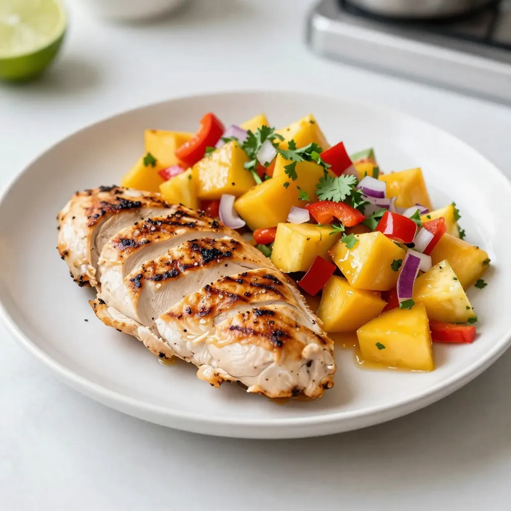 - 4 boneless, skinless chicken breasts - Olive oil, salt, and pepper for seasoning - 1 ripe mango, pitted and diced - 1 cup fresh pineapple, peeled and diced - 1 red bell pepper, seeded and diced - 1/4 cup red onion, finely chopped - 1 jalapeño, deseeded and minced (optional) - 2 tablespoons freshly squeezed lime juice - Fresh cilantro, chopped (for garnish) - Lime wedges and other potential accompaniments When I create a dish like Mango Pineapple Salsa Chicken, I want each ingredient to shine. First, I choose high-quality chicken. I love using boneless, skinless breasts. They grill nicely and soak up flavors well. Seasoning with olive oil, salt, and pepper adds a good base for the chicken. For the salsa, ripe mango and fresh pineapple are key. They bring sweetness and brightness. I dice them into small pieces. This way, they mix well with other ingredients. I also add a red bell pepper for crunch. A finely chopped red onion gives it a nice bite. If you like heat, the jalapeño is a great option. Just remember to remove the seeds for less spice. Lime juice is essential. It brightens the salsa and balances the sweetness. Fresh cilantro is a must for garnish. It adds color and a fresh taste. When serving, I like to add lime wedges. They give a fun touch and let everyone add more flavor if they want. {{ingredient_image_2}} To start, grab a medium mixing bowl. Add your diced mango, fresh pineapple, red bell pepper, finely chopped red onion, and minced jalapeño if you like some heat. Pour in the lime juice and sprinkle a pinch of salt and pepper. Gently toss all the ingredients together. This step is key. Let the salsa sit for 10-15 minutes. This time allows the flavors to come together and shine. Next, let’s season the chicken. Use paper towels to pat the chicken breasts dry. This helps the oil and spices stick better. Drizzle some olive oil on both sides of each breast. Then, season them generously with salt and freshly ground black pepper. Make sure to cover all parts evenly for the best flavor. Now, it’s time to cook the chicken. Heat your grill or grill pan to medium-high heat. Once it’s hot, lay down the seasoned chicken breasts. Grill them for about 6-7 minutes on one side. Flip the chicken and grill for another 6-7 minutes. You want the internal temperature to reach 165°F (75°C). After grilling, take the chicken off the heat and let it rest for about 5 minutes. This resting time keeps the juices locked inside. For plating, use a sharp knife to slice the grilled chicken into tender strips. Lay the slices in the center of a serving dish, fanning them out a bit for a nice look. Spoon the colorful Mango Pineapple Salsa generously over the chicken. Let it cascade over the edges for a vibrant presentation. Finish by sprinkling some freshly chopped cilantro on top. This adds a nice touch of color and fresh aroma. Serve with lime wedges on the side for that extra burst of flavor. Enjoy your beautiful summer dish! To grill chicken perfectly, start with dry breasts. Pat them with paper towels to remove moisture. This step helps the chicken brown well. Drizzle olive oil on both sides. Season generously with salt and pepper. Grill the chicken over medium-high heat. Cook for 6-7 minutes on one side. Flip and grill for another 6-7 minutes. Use a meat thermometer to check doneness. The chicken should reach 165°F (75°C) inside. Let it rest for five minutes. This helps keep the juices in, making every bite tender. To make great salsa, focus on fresh ingredients. Use a ripe mango and sweet pineapple for good flavor. A red bell pepper adds crunch and color. Don’t skip the lime juice; it brightens the dish. Mix the diced fruits and veggies in a bowl. Add lime juice, salt, and pepper. Let it sit for 10-15 minutes. This waiting time allows the flavors to blend. Taste and adjust if needed. More lime juice can add zing, while more salt can enhance sweetness. Presentation matters when serving food. For this dish, use a colorful platter. Lay the sliced chicken in the center. Spoon the vibrant salsa over the chicken, letting it cascade down the sides. Garnish with fresh cilantro for a pop of green. Add lime wedges around the platter. This not only looks nice but also gives guests a chance to add more lime if they like. A well-presented dish makes every meal feel special! Pro Tips Choose Ripe Fruits: Select a mango and pineapple that are ripe for the best sweetness and flavor. Look for a mango with a slight give when gently squeezed and a pineapple with a sweet aroma at the base. Marinate for Extra Flavor: For added depth, consider marinating the chicken in lime juice, olive oil, and spices for at least 30 minutes before grilling. This will enhance the overall taste. Check Doneness with a Thermometer: To ensure the chicken is perfectly cooked, use a meat thermometer. The internal temperature should reach 165°F (75°C) for safe consumption and juicy results. Serve with Complementary Sides: Pair the dish with coconut rice or a fresh green salad to complement the tropical flavors of the salsa and create a well-rounded meal. {{image_4}} You can switch the chicken for other proteins. Fish works great, especially salmon or tilapia. These fish cook quickly and soak up the salsa flavors well. Tofu is another option. Press it to remove extra water, then marinate it in lime juice and olive oil for taste. Grill or pan-fry until golden brown. These swaps keep the dish fresh and fun. Feel free to get creative with the salsa! Other fruits like kiwi or strawberries add a nice twist. You could also add vegetables. Corn or avocado pairs well with the mango and pineapple. They add texture and flavor. Experiment with what you love, and make the salsa your own! Do you like heat? You can adjust the spice in your salsa. If you want it mild, skip the jalapeño. For more heat, add another jalapeño or use a hotter pepper like serrano. You can also sprinkle in some chili powder or cayenne for a kick. Taste as you go to find the right balance for your taste buds. To keep your Mango Pineapple Salsa Chicken fresh, store it properly. Place the chicken and salsa in separate airtight containers. This helps keep flavors intact. Refrigerate them within two hours of cooking. The chicken stays good for 3-4 days. The salsa can last 2-3 days. When reheating, use the oven or stovetop for the best results. Preheat your oven to 350°F (175°C). Place the chicken in a baking dish, cover with foil, and heat for about 15-20 minutes. This keeps the chicken moist. For the salsa, warm it gently on the stovetop over low heat, stirring occasionally. Avoid overheating, as it can change the fresh taste. You can freeze the chicken and salsa for later meals. Wrap the chicken in plastic wrap, then place it in a freezer bag. It lasts up to three months. For salsa, use a freezer-safe container. Leave some space at the top, as it may expand. Thaw both in the fridge overnight when you’re ready to use them. Yes, you can prepare this dish ahead of time. For the best flavor, make the salsa first. The fresh mango, pineapple, and lime juice blend nicely if you let them sit. Prepare the salsa up to a day in advance and store it in the fridge. The chicken can also be seasoned and stored for later cooking. Just remember, grill it fresh for the best taste. Mango Pineapple Salsa Chicken pairs well with many sides. Here are some ideas: - Rice: White or brown rice adds a nice base. - Quinoa: For a healthy twist, try quinoa. - Salad: A crisp green salad balances the meal. - Corn on the Cob: Sweet corn enhances the summer vibe. - Grilled Vegetables: Add a colorful mix of grilled veggies. You can easily make this dish lighter. Here are some tips: - Chicken: Use skinless chicken thighs for more flavor, but keep it lean. - Oil: Reduce olive oil to one tablespoon. - Salsa: Add more veggies like cucumber or mango to cut calories. - Spice: Use fresh herbs instead of salt for flavor. Mango Pineapple Salsa Chicken is easy to make and full of flavor. We covered key ingredients, from chicken to fresh salsa, and shared tips for grilling. You now know how to plate and store leftovers, too. Experiment with different proteins and spices to make the dish your own. Enjoying this meal will brighten your plate and impress your guests. Trust me, once you try it, you'll want to make it again and again. Happy cooking!