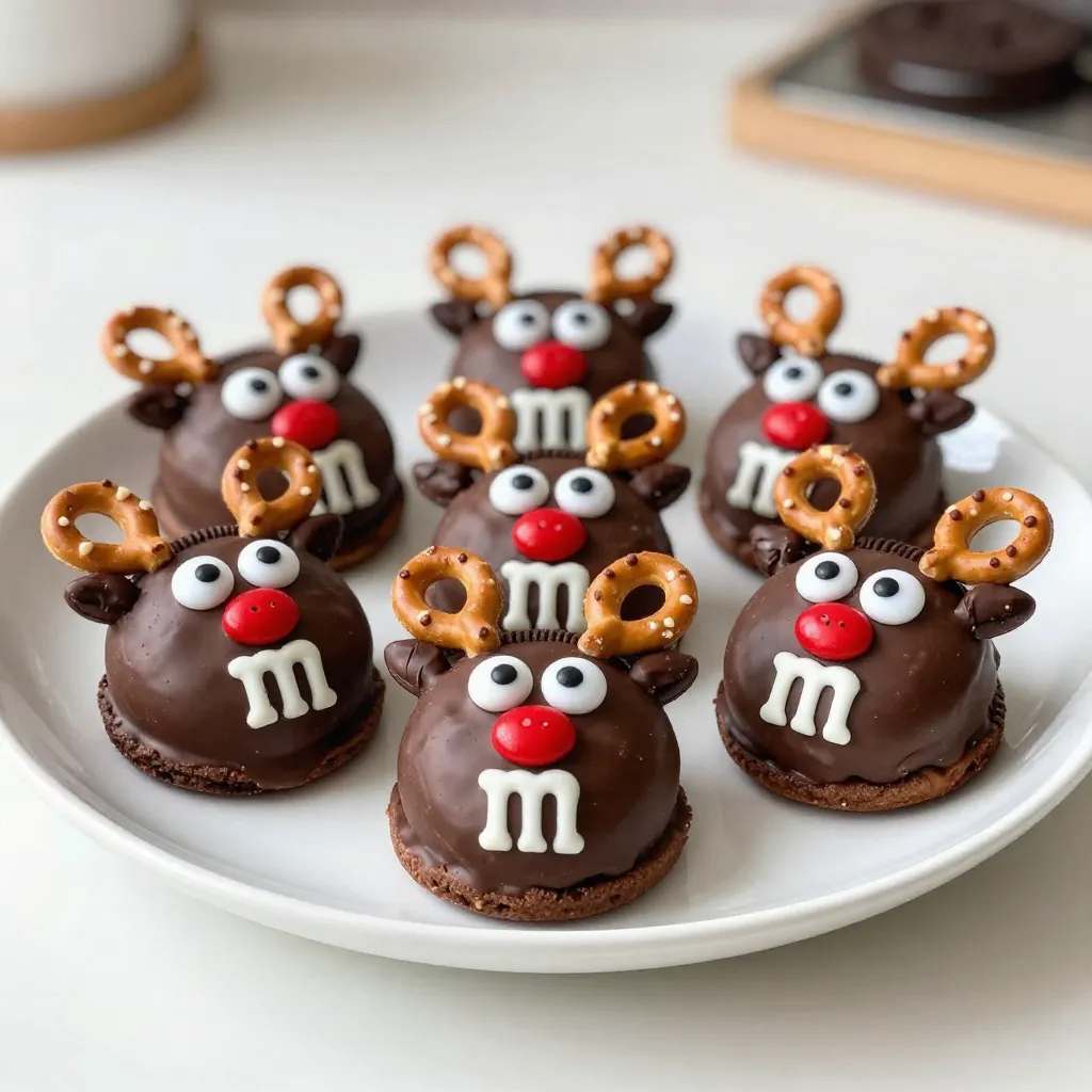 - Oreo cookies - Semi-sweet chocolate chips - White chocolate chips - Pretzel twists - Candy eyes - Red M&M's - Vegetable oil The key to making these Chocolate Covered Oreo Reindeer is gathering the right ingredients. Start with a package of Oreo cookies. These cookies give the base a rich and chocolatey flavor that everyone loves. Next, you’ll need semi-sweet chocolate chips. They melt beautifully and coat the Oreos perfectly. If you want to add a fun twist, use white chocolate chips. They will help create a festive look and a nice flavor contrast. Don’t forget about the fun extras! Pretzel twists serve as antlers. Candy eyes add character, and red M&M's make the perfect nose. Each component adds to the fun and flavor of these treats. For a smoother chocolate finish, you might want to use a tablespoon of vegetable oil. This step is optional but helps the chocolate glide on easily. With these ingredients ready, you can create a tasty treat that brings joy to any holiday gathering! {{ingredient_image_2}} To start, melt the semi-sweet chocolate chips. Use a microwave-safe bowl. If you want a smooth finish, add one tablespoon of vegetable oil. Heat the chocolate in the microwave. Do this in 30-second intervals. Stir the chocolate well after each interval. This helps it melt evenly. Be careful not to overheat. You want it melted and smooth. Next, take each Oreo cookie. Use a fork to dip it into the melted chocolate. Make sure the cookie is fully submerged. This gives it a nice, even coating. Allow excess chocolate to drip back into the bowl. This step is key for a clean look. Place the dipped Oreos on wax paper on a baking sheet. While the chocolate is still wet, add the pretzel antlers. Insert two pretzel twists into the top of each Oreo. This makes them look like reindeer. Now, melt the white chocolate chips in the microwave, just like before. Once smooth, drizzle the white chocolate over the cookies. You can make fun patterns or zigzags. It adds a nice touch. Next, quickly place two candy eyes on each cookie. Finally, add one red M&M as the nose. This completes the look of your festive reindeer. To make the best chocolate-covered Oreo reindeer, start with high-quality chocolate. Good chocolate melts smoothly and tastes better. I recommend using semi-sweet chocolate chips for a rich flavor. If you want a nice shine, add one tablespoon of vegetable oil. This makes the chocolate smooth and easy to coat. To prevent chocolate from overheating, use short bursts in the microwave. Heat it in 30-second intervals. Stir the chocolate well between each interval. This helps you avoid burning the chocolate. If you see some lumps, keep stirring. The heat will melt them. When it comes to decorating, try creative ways to drizzle white chocolate. You can use a piping bag or a ziplock bag with a tiny corner cut. This gives you control over the drizzle. Make fun patterns on top of your reindeer. You can also alternate candy eyes for a unique look. Mix and match the colors for a playful vibe. For holiday presentations, place your reindeer on a decorative platter. Arrange them nicely to create a festive display. You can add sprigs of pine or jingle bells around the edges. This adds a cheerful touch to your table. If you are serving at a party, consider using small plates. Guests will enjoy picking them up easily. Pro Tips Use Quality Chocolate: For the best flavor, opt for high-quality chocolate chips. They melt more smoothly and have a richer taste, enhancing the overall deliciousness of your reindeer. Chill Between Steps: If the chocolate starts to become too soft while dipping the Oreos, consider chilling the cookies for a few minutes before proceeding. This helps maintain a nice coating. Experiment with Toppings: Feel free to add additional decorations like sprinkles or crushed candy canes for a festive twist. This will make your reindeer even more eye-catching! Perfect for Gift Giving: These chocolate-covered Oreos make great edible gifts. Package them in a decorative box or tin, and add a festive ribbon for a charming presentation. {{image_4}} You can switch things up with flavored Oreos. Try mint Oreos for a cool twist. Peanut butter Oreos add a nutty taste. These flavors pair well with chocolate. You can also experiment with different types of chocolate. Dark chocolate gives a rich flavor. Milk chocolate adds sweetness. Each option makes a unique treat. You can adapt these reindeer for other holidays too. For Halloween, use orange chocolate and spooky sprinkles. For Valentine's Day, make them with pink chocolate and heart candies. This keeps your treats fun and festive. Use seasonal decorations to match the theme. Different colors and shapes make them exciting. If you want a healthier version, try dark chocolate. It has less sugar and more antioxidants. You can also reduce the sugar in the recipe. Use less candy or choose sugar-free options. This way, you can enjoy these treats without guilt. Remember, small changes can make a big difference! To keep your Chocolate Covered Oreos fresh, store them in a cool, dry place. If your home is warm, the fridge is a better choice. Make sure to use an airtight container. This helps keep moisture out. You want these treats to stay crunchy and tasty. These festive treats can last about one week at room temperature. If you store them in the fridge, they can stay fresh for up to two weeks. Look for signs of spoilage, like a change in texture or white spots on the chocolate. If they smell off, it's best to toss them. If you want to save some for later, freezing is a great option. Wrap each cookie tightly in plastic wrap. Then, place them in a freezer bag. This prevents freezer burn and keeps them safe. When you're ready to eat, let them thaw in the fridge. This keeps the chocolate from melting too fast. Yes, you can use other cookies. Try chocolate wafers, vanilla cookies, or even graham crackers. Each cookie gives a new taste and texture. Experiment and find your favorite! To thin your chocolate coating, add a little vegetable oil. Start with one teaspoon and stir well. This helps the chocolate flow better when dipping. If you lack pretzel twists, use candy canes or almonds instead. They can mimic antlers well. Just make sure they stick into the chocolate nicely. Yes, you can prepare these treats ahead of time. Store them in an airtight container in the fridge. They will stay fresh for about a week. To transport your reindeer, place them in a sturdy container. Use parchment paper to separate each layer. This keeps the decorations intact and prevents them from sticking. This article walks you through making fun chocolate-covered Oreos. You learned about the key ingredients, like Oreo cookies, chocolate chips, and pretzel twists. I shared tips for dipping and decorating them with candy eyes and M&M's. Don't forget to try different flavors or seasonal themes for a unique twist. In the end, these treats are great for any occasion. Enjoy making them fresh and sharing the joy with friends and family!
