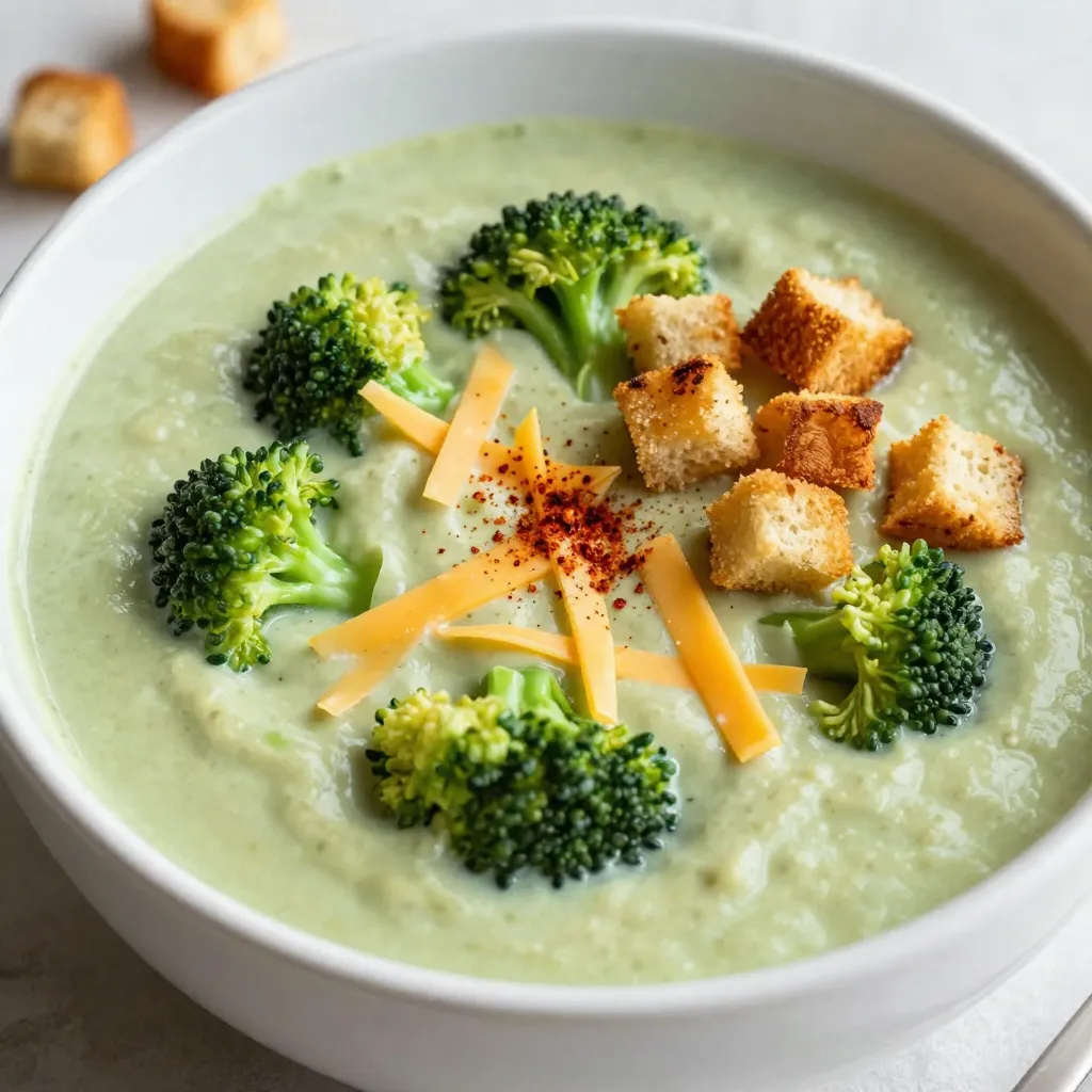 To make creamy broccoli cheddar soup, gather these key items: - 1 medium onion, finely chopped - 2 cloves garlic, minced - 4 cups fresh broccoli florets, trimmed - 4 cups low-sodium vegetable broth - 1 cup chilled heavy cream - 2 cups freshly grated sharp cheddar cheese - 1 teaspoon Dijon mustard - 1 teaspoon smoked paprika - Salt and freshly ground black pepper to taste - 2 tablespoons extra virgin olive oil For extra flavor and texture, consider these toppings: - Homemade or store-bought croutons - Extra cheddar cheese - Chopped fresh herbs like parsley or chives - A dash of hot sauce for some heat If you need to switch out ingredients, here are some ideas: - Use yellow onion instead of a white onion - Swap heavy cream for coconut cream for a lighter version - Replace cheddar cheese with Gruyère or Monterey Jack - Use vegetable stock instead of broth for a different taste - For a dairy-free option, try a cashew cream blend {{ingredient_image_2}} Start by heating the olive oil in a large pot over medium heat. Once the oil is hot, add the finely chopped onion. Sauté it for about five minutes. You want the onion to be softened and translucent. Stir it occasionally to prevent it from browning. Next, add the minced garlic and cook for one more minute. Stir until you can smell the garlic, but don’t let it brown. Now, add the fresh broccoli florets and pour in the vegetable broth. Turn the heat up to bring it to a rapid boil. Once it boils, cover the pot and reduce the heat. Let it simmer for ten to fifteen minutes until the broccoli is tender and bright green. After simmering, it’s time to blend the soup. Use an immersion blender to purée the mixture until it is smooth and creamy. If you don’t have an immersion blender, carefully transfer the soup to a stand blender in batches. Blend until smooth, then return it to the pot. This step makes the soup rich and velvety. Now, return the soup to medium heat. Stir in the chilled heavy cream, Dijon mustard, and smoked paprika. Mix well to combine all the flavors. Gradually add the freshly grated cheddar cheese while stirring continuously. Keep stirring until the cheese melts completely, making the soup creamy. Finally, taste the soup and adjust the flavor with salt and freshly ground black pepper. Serve it hot in bowls, and if you like, top it with croutons for extra crunch. Enjoy your creamy broccoli cheddar soup! To get the best creamy feel, blend the soup well. Use an immersion blender for ease. If you don’t have one, a regular blender works too. Just be careful with hot soup! Blend until smooth. If it seems too thick, add a bit more broth. For a thicker soup, simmer it longer to reduce. Add depth with smoked paprika and Dijon mustard. These ingredients bring a nice kick. Don’t skip the salt and pepper; they balance the flavors. Taste as you cook. If you want a brighter taste, squeeze in some lemon juice before serving. Fresh herbs like thyme or parsley can also add a fresh twist. Use a large pot for cooking the soup. A cutting board and sharp knife help with prep. An immersion blender is great, but a regular blender works too. A ladle makes serving easy. Keep measuring cups handy for precise ingredients. Lastly, a set of bowls will help you serve the soup hot and ready to enjoy. Pro Tips Use Fresh Broccoli: For the best flavor and texture, always opt for fresh broccoli florets instead of frozen. Fresh broccoli will give your soup a vibrant color and a more pronounced taste. Chill the Cream: Ensure your heavy cream is chilled before adding it to the soup. This helps to prevent curdling and ensures a smooth, creamy consistency. Cheese Selection: Choose a high-quality sharp cheddar cheese for a richer flavor. Grating the cheese yourself will also help it melt more evenly into the soup. Season Gradually: Always taste your soup before adding too much salt or pepper. Gradually adjust the seasoning to your preference, as these flavors can intensify during cooking. {{image_4}} To make a vegan version of creamy broccoli cheddar soup, swap the heavy cream for coconut milk or cashew cream. Use a vegan cheese that melts well, like nutritional yeast or a store-bought brand. These options will still give you a rich flavor. For added depth, include a splash of lemon juice or a little white vinegar. This will brighten the taste and add a nice twist. If you want extra cheesiness, try mixing different cheeses. Gouda, Gruyère, or Monterey Jack can enhance the flavor. Mix them in with cheddar for a more complex taste. You can also add a sprinkle of cheese on top when serving. This makes each bowl look and taste even better. Seasonal add-ins can change the soup each time you make it. In spring, add fresh peas for sweetness. In fall, consider stirring in roasted butternut squash for a sweeter touch. For a spicy kick, toss in some diced jalapeños or red pepper flakes. These additions keep the soup fun and exciting all year long! Store your creamy broccoli cheddar soup in an airtight container. Let it cool first. It keeps well in the fridge for about three to four days. Before serving, check for freshness. If it smells off or looks strange, it’s best to toss it. To freeze, pour the cooled soup into freezer-safe bags or containers. Leave space at the top for expansion. It can last for up to three months. Label the containers with the date. When you're ready to use it, thaw it in the fridge overnight. Reheat the soup gently on the stove over low heat. Stir it often to avoid scorching. If it seems thick, add a splash of broth or cream. For microwave reheating, use a microwave-safe bowl. Heat in short intervals, stirring in between, until it's warm. To make this soup gluten-free, use gluten-free vegetable broth. Most brands are safe. Check the label to be sure. The rest of the ingredients are gluten-free. You can enjoy this soup without worry! Yes, you can use frozen broccoli. It saves time and is still tasty. Just add it directly to the pot. You may need to cook it a bit longer. Frozen broccoli is also very nutritious. You can serve this soup with crusty bread or a fresh salad. Grilled cheese sandwiches pair well too. For a crunchy touch, add homemade croutons on top. This makes the meal more fun! In this post, we covered key ingredients for creamy broccoli cheddar soup, from main options to optional toppings. I shared clear steps for preparation and cooking. You learned useful tips for the best consistency and flavor. We also discussed variations, storage, and answered common questions. Remember, homemade soup can be fun and easy to make. Try different ingredients, and enjoy your tasty creation!