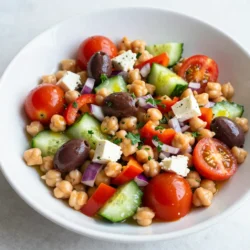 - 1 can (15 oz) chickpeas, thoroughly drained and rinsed - 1 cup cherry tomatoes, halved - 1 cucumber, diced into bite-sized pieces - 1/2 red onion, finely chopped for a flavorful bite - 1/2 bell pepper, diced - 1/4 cup Kalamata olives, pitted and sliced - 1/4 cup feta cheese, crumbled (optional) I love using chickpeas as the base for this salad. They are rich in protein and fiber. The cherry tomatoes add sweetness and color. Diced cucumber adds a nice crunch, while red onion gives a bold flavor. Bell pepper makes it bright and fresh. Kalamata olives bring a tangy bite. Feta cheese, if you choose, adds creaminess and depth. - 3 tablespoons extra virgin olive oil - 2 tablespoons fresh lemon juice - 1 teaspoon dried oregano - Salt and freshly ground black pepper The dressing is simple but full of flavor. Extra virgin olive oil adds richness. Fresh lemon juice brightens the salad. Dried oregano gives it that Mediterranean flair. Season with salt and pepper to taste. This dressing pulls the whole salad together. - Fresh parsley, finely chopped Adding fresh parsley as a garnish makes the dish pop. It adds color and an herbal aroma that enhances the salad. Just sprinkle it on top right before serving. It makes your salad look beautiful and fresh. {{ingredient_image_2}} To start, you need to rinse and drain the chickpeas. Open the can and pour the chickpeas into a colander. Rinse them under cold water for about 30 seconds. This step removes excess sodium and helps improve flavor. Next, chop your vegetables. Grab some cherry tomatoes and slice them in half. Dice the cucumber into bite-sized pieces for easy eating. For the onion, finely chop half of a red onion. Lastly, take your bell pepper and dice it as well. You can choose any color for a vibrant look. Now, it&rsquo;s time to mix the salad. In a large bowl, combine the rinsed chickpeas with the halved cherry tomatoes, diced cucumber, chopped red onion, and bell pepper. Stir gently to mix all the colors and flavors together. Next, fold in the sliced Kalamata olives. If you love feta cheese, sprinkle the crumbled feta on top. Make sure you distribute everything evenly so each bite is full of flavor. For the dressing, grab a small bowl. Whisk together three tablespoons of extra virgin olive oil and two tablespoons of fresh lemon juice. Add in one teaspoon of dried oregano, along with salt and pepper to taste. Whisk until everything blends well. This dressing brightens the salad and adds richness. Drizzle the dressing over your colorful salad mix. Now, gently toss the salad to coat all the ingredients. Ensure every piece gets a bit of that tasty dressing. This helps meld the flavors together nicely. After tossing, taste the salad. Adjust the seasoning if needed. You can add more salt, pepper, or lemon juice for extra flavor. Let the salad sit for about 15 minutes. This waiting time allows the flavors to blend beautifully. Just before serving, garnish the salad with freshly chopped parsley. This adds a lovely pop of color and a fresh aroma. Enjoy your Mediterranean Chickpea Salad! To keep your Mediterranean chickpea salad fresh, store it in an airtight container. This helps lock in flavor and keeps ingredients crisp. You can keep it in the fridge for up to three days. However, for the best taste, enjoy it within 24 hours. Serve this salad in a large, shallow bowl for a family-style meal. For a fancy touch, use individual plates. Pair it with grilled chicken, pita bread, or roasted vegetables to make a complete meal. This adds protein and makes it heartier. To boost flavor, consider adding spices like cumin or smoked paprika. Fresh herbs like basil or mint also brighten the dish. Adjust the acidity by adding more lemon juice if you want it zesty. Taste and season with salt and pepper as you go for the best results. Pro Tips Chickpea Choice: Opt for low-sodium canned chickpeas or dry chickpeas that you soak and cook for better control over salt levels. Fresh Herbs: Experiment with fresh herbs like mint or dill in addition to parsley for a unique flavor twist. Chill Time: For an even more refreshing salad, let it chill in the fridge for 30 minutes before serving. Serving Suggestions: This salad pairs wonderfully with grilled meats or as a filling for pita bread for a wholesome meal. {{image_4}} You can change the feta cheese in this salad. Try using goat cheese for a tangy twist. If you want a nutty flavor, try crumbled tofu. For a creamy touch without cheese, use avocado. Feel free to mix in different vegetables too. Bell peppers come in many colors. Each adds a unique flavor. You could also add radishes for a crunchy bite. Carrots or zucchini can add sweetness and texture. If you want to make this salad heartier, add protein. Grilled chicken is a great option. It adds a nice smoky flavor. Shrimp is another tasty choice. Just saut&eacute; them until pink and toss them in. Quinoa is perfect for a plant-based boost. Cook it, cool it, and add it to the salad. This will give extra protein and a nutty taste. To make a vegan version, skip the feta cheese. Instead, use nutritional yeast. It gives a cheesy flavor without dairy. You can also add more nuts or seeds. Sunflower seeds or walnuts add crunch and healthy fats. This way, everyone can enjoy the salad. Each serving of Mediterranean Chickpea Salad has about 200 calories. This makes it a light yet filling dish. The calories mainly come from chickpeas and olive oil, which bring good nutrition. This salad is rich in protein, healthy fats, and carbs. Here&rsquo;s a closer look: - Protein: Chickpeas offer about 7 grams of protein per serving, helping with muscle growth and repair. - Fats: The olive oil gives around 10 grams of healthy fats, which are good for heart health. - Carbohydrates: You get about 25 grams of carbs from the veggies and chickpeas, providing energy. Chickpeas are a great source of fiber. This helps with digestion and keeps you full. The fresh vegetables add vitamins and minerals. For example: - Tomatoes provide vitamin C and antioxidants. - Cucumbers help with hydration due to their high water content. - Red onions have anti-inflammatory properties. Eating this salad can support your overall health while keeping your meals vibrant and tasty! You can make this salad a day before. Prepare the salad without the dressing. Store it in an airtight container in the fridge. Just before serving, add the dressing and toss. This keeps the veggies crisp and fresh. If you want to prep even more, chop the veggies in advance. Place them in separate containers. Mix everything together when you are ready to eat. You can change the dressing for variety. Try balsamic vinaigrette for a sweet twist. A tahini-based dressing adds creaminess. You can also mix yogurt with herbs for a creamy taste. Experiment with flavors to find your favorite. Each dressing gives a new look to the salad. Yes, canned chickpeas work great in this salad. They save time and are easy to use. Just rinse them well to remove excess sodium. Dried chickpeas take longer to prepare but have a firmer texture. If you prefer that bite, soak and cook them before using. Both options are delicious and nutritious. Yes, Mediterranean Chickpea Salad is gluten-free. Chickpeas are naturally gluten-free and a good source of protein. All the veggies and the dressing are also gluten-free. This makes it a great choice for those with gluten intolerance. Always check labels for packaged ingredients to be sure. Enjoy this fresh dish without worry! This Mediterranean Chickpea Salad is easy to make and packed with flavor. We covered fresh ingredients like chickpeas, tomatoes, cucumbers, and feta cheese. I shared tips on preparing and mixing your salad with a simple dressing. You&rsquo;ll find storage tips and ways to enhance the taste. This salad is not just healthy; it can fit various diets. Try it with your favorite proteins or as a refreshing vegan option. Enjoy making a dish that nourishes both body and mind!