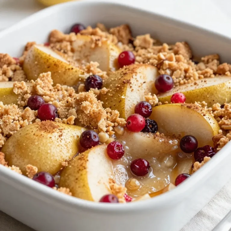 - 4 ripe pears, peeled and thinly sliced - 1 cup fresh or frozen cranberries, rinsed and drained - 1 tablespoon fresh lemon juice - ½ cup brown sugar, divided - 1 teaspoon ground cinnamon - ¼ teaspoon ground nutmeg - 1 teaspoon pure vanilla extract - 1 cup rolled oats - ½ cup all-purpose flour - ½ cup unsalted butter, melted and slightly cooled - ½ cup chopped nuts (walnuts, pecans, or your choice) - A pinch of salt I love using fresh and frozen ingredients in this dish. The pears give a sweet base while cranberries add a nice tartness. If you use fresh cranberries, rinse and drain them well. Frozen cranberries work just as well if fresh ones aren't available. You can switch out the pears for apples or peaches if you prefer. For the nuts, try almonds or hazelnuts for a different crunch. If you want a healthier option, use coconut sugar instead of brown sugar. You can also swap all-purpose flour with oat flour for a gluten-free choice. If you need a dairy-free version, coconut oil can replace the butter. {{ingredient_image_2}} Mixing Fruit with Spices Start by peeling and slicing the pears. You need four ripe pears for the best flavor. In a big bowl, mix the sliced pears with one cup of rinsed cranberries. Add one tablespoon of fresh lemon juice to brighten the taste. Next, sprinkle in ¼ cup of brown sugar, one teaspoon of ground cinnamon, and ¼ teaspoon of ground nutmeg. Finally, pour in one teaspoon of pure vanilla extract. Gently toss the fruit until it is well coated with the spices. Layering in the Baking Dish Once mixed, transfer the fruity blend into a greased 9x9-inch baking dish. Spread it evenly to cover the bottom. This layer will soak up all the flavors as it bakes. Combining Dry Ingredients In a separate bowl, mix one cup of rolled oats with ½ cup of all-purpose flour and the remaining ¼ cup of brown sugar. Add a pinch of salt to enhance the flavor. Stir these dry ingredients well. Incorporating Butter and Nuts Melt ½ cup of unsalted butter and let it cool slightly. Pour the butter into the dry mix. Then, add ½ cup of chopped nuts, like walnuts or pecans. Stir until the mixture forms coarse crumbs. This topping will create a nice crunch. Ideal Oven Temperature Preheat your oven to 350°F (175°C). Place the baking dish in the oven and bake for 30 to 35 minutes. You’ll know it is ready when the topping turns golden brown, and the fruit bubbles around the edges. Cooling Tips Before Serving After baking, take the crisp out and let it cool for 5 to 10 minutes. This cooling time helps the flavors blend. Serve it warm, and for a treat, add a scoop of vanilla ice cream on top. Enjoy the delightful mix of spiced pears and tart cranberries! To achieve the best topping crunch, use cold butter. Mix the melted butter with dry ingredients well. This ensures the topping stays crisp. Don't rush; let it bake until golden brown. This usually takes about 30-35 minutes. Check for bubbling around the edges too. That signals the fruit is perfectly cooked. Serve this crisp warm from the oven. Add a scoop of vanilla ice cream on top for a creamy touch. The cold ice cream pairs well with the warm fruit. If you want, sprinkle extra chopped nuts on the ice cream. This adds a nice crunch. For a festive look, serve it in clear glass bowls. This way, the beautiful layers show off. Enjoy every bite and make sure to share! Pro Tips Choose Ripe Pears: Make sure to select pears that are ripe but still firm for the best texture and flavor in your crisp. Adjust Sweetness: Taste the fruit mixture before topping it; you can adjust the amount of brown sugar based on the sweetness of your pears and cranberries. Nut Varieties: Experiment with different nuts like almonds or macadamia nuts for a unique flavor profile and crunchiness in your topping. Serving Suggestion: Serve with a drizzle of caramel sauce or a dollop of whipped cream for an extra indulgent dessert experience. {{image_4}} You can switch up the fruits in your spiced pear cranberry crisp. Try using apples or peaches. Both fruits add sweetness and flavor. Mixing berries can also create a fun twist. Blueberries and raspberries work well with pears. Consider seasonal fruits to keep it fresh. In the fall, use apples and cranberries. In the summer, try peaches and blackberries. This way, you can enjoy new tastes all year long. If you need a gluten-free option, replace all-purpose flour with almond or coconut flour. You can also use gluten-free oats. This keeps the crisp tasty but safe for gluten-sensitive folks. For a vegan version, swap butter with coconut oil or vegan butter. Use maple syrup or agave instead of brown sugar. These changes keep your crisp plant-based while still delicious. To keep your spiced pear cranberry crisp fresh, use a good container. I recommend a glass or plastic container with a tight lid. Let the crisp cool completely before putting it away. This helps prevent sogginess. You can store it in the fridge for up to three days. If you want to keep it longer, consider freezing it. Just wrap it tightly in plastic wrap and then foil. It can last for up to three months in the freezer. When you want to enjoy your leftovers, reheating is key. Preheat your oven to 350°F (175°C). Place the crisp in an oven-safe dish. Cover it loosely with foil to keep it moist. Bake for about 15-20 minutes. This will help keep the topping crisp while warming the fruit. If you prefer the microwave, heat it in short bursts of 30 seconds. Check often to avoid overheating. Enjoy your delicious crisp just like fresh! Can I use canned fruit? Yes, you can use canned fruit. Drain the liquid well. Canned pears work nicely. However, fresh pears give more flavor and texture. Adjust the sugar since canned fruit is often sweeter. How can I make this recipe ahead of time? You can prepare the fruit mixture and topping separately. Store them in the fridge. Then, combine them just before baking. This keeps the topping crunchy and fresh. What are the calories per serving? Each serving has about 280 calories. This can vary based on the nuts and sugar used. Are there healthy alternatives for this dish? Yes! You can swap brown sugar for maple syrup. Use oats for added fiber. For a gluten-free option, try gluten-free oats and flour. These changes keep the taste great while being a bit healthier. This recipe combines fresh and frozen ingredients to create a delightful spiced pear cranberry crisp. You learned how to prepare the fruit, make the oat topping, and bake it perfectly. I shared tips to achieve the best texture and serve it beautifully. You can even explore variations that fit your dietary needs. This dish is simple yet versatile, making it great for any occasion. Enjoy making it, and remember, the best recipes come from your kitchen.