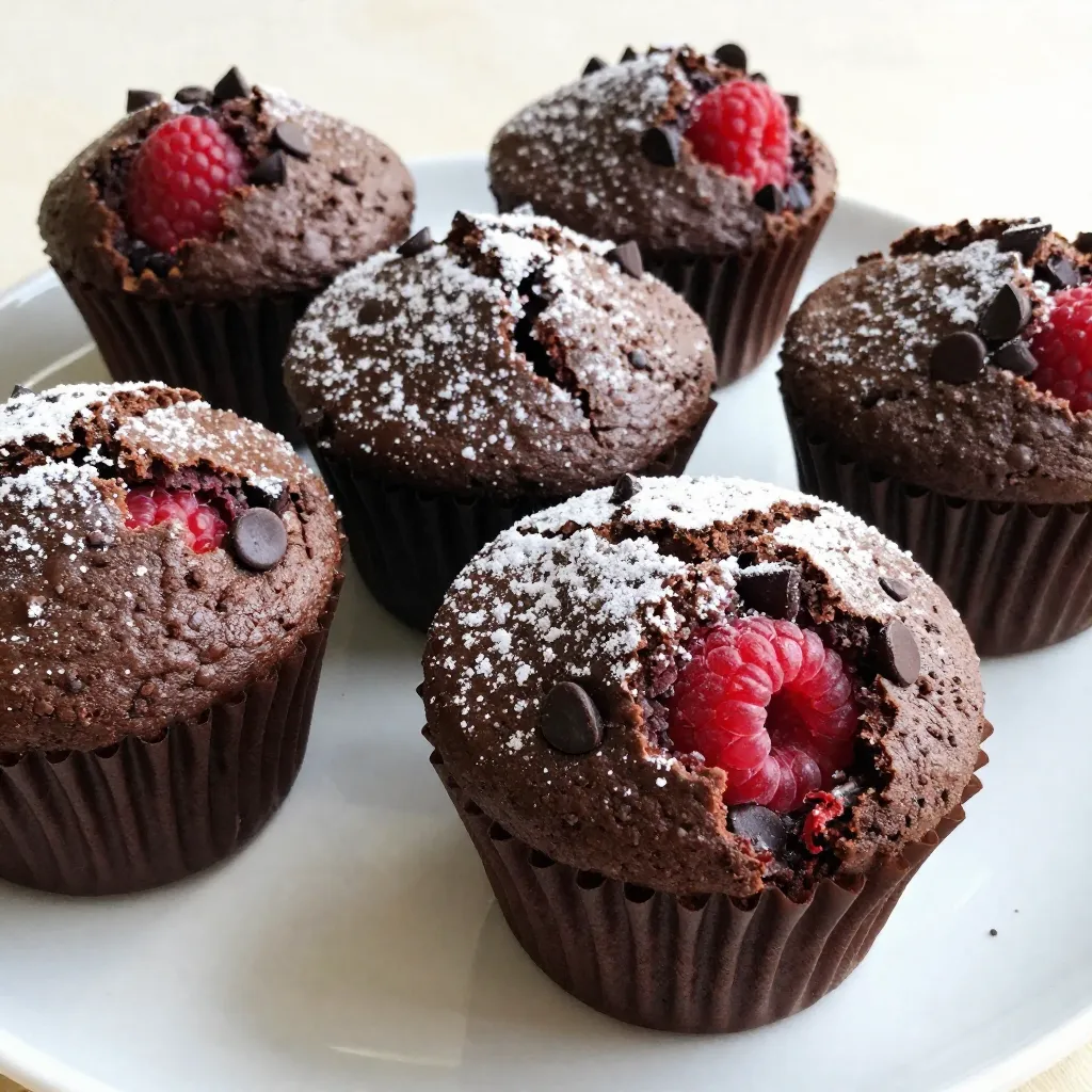 - 1 cup all-purpose flour - 1/2 cup unsweetened cocoa powder - 1 cup granulated sugar - 1 teaspoon baking powder - 1/2 teaspoon baking soda - 1/4 teaspoon salt - 1/2 cup unsalted butter, melted and slightly cooled - 2 large eggs, at room temperature - 1 teaspoon pure vanilla extract - 1/2 cup buttermilk, at room temperature - 1 cup fresh raspberries, rinsed and drained - 1/2 cup dark chocolate chips (preferably 60-70% cocoa) - Optional: powdered sugar for a delicate dusting - Powdered sugar: Adds a sweet touch and nice look. - Nuts: Walnuts or pecans add crunch and healthy fats. - Cinnamon: A sprinkle can boost flavor and warmth. - Gluten-Free Flour: Use this for a gluten-free option. - Dairy-Free Butter: Swap with coconut oil or vegan butter for a dairy-free treat. - Egg Substitute: Use flaxseed meal or applesauce for egg-free muffins. {{ingredient_image_2}} This blog post covered all the key steps to make perfect muffins. We discussed the ingredients, from essential measurements to optional adds that boost flavor. I shared tips for mixing and baking to achieve a great texture. We explored variations you can try and how to store muffins for lasting freshness. Remember, making muffins is simple and fun. With practice, you can create delicious treats your friends and family will love. Be bold and experiment with different flavors and textures!