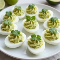 - 6 large eggs - 1 ripe avocado - 2 tablespoons fresh lime juice - 1 tablespoon creamy Greek yogurt - 1 teaspoon Dijon mustard - Salt and freshly cracked black pepper to taste - 1 small jalape&ntilde;o, finely chopped (optional) - Fresh cilantro leaves for garnish Gathering fresh ingredients is key to making these Avocado Lime Deviled Eggs shine. Start with six large eggs. They create the perfect base. Choose a ripe avocado. It should feel soft but not mushy. Fresh lime juice adds bright flavor. You can squeeze your own or use bottled juice. Next, grab creamy Greek yogurt. It gives a rich texture and tang. Dijon mustard adds a nice kick. Don&rsquo;t forget salt and black pepper for seasoning. If you love heat, add a small jalape&ntilde;o, finely chopped. Finally, fresh cilantro leaves act as a lovely garnish. These ingredients work together to create a creamy, zesty filling. Each bite is a burst of flavor. You can mix and match if you like. Enjoy this simple and fresh take on a classic dish! {{ingredient_image_2}} To make perfect hard-boiled eggs, start with a medium pot. Place the eggs inside and cover them with water. Bring the water to a rolling boil. Once it boils, cover the pot and take it off the heat. Let the eggs sit for exactly 12 minutes. This timing gives you that ideal hard-boiled texture. After the 12 minutes, move the eggs to a bowl of ice water. This ice water bath is key. It cools the eggs quickly and helps with peeling. Let them sit in the ice bath for 5 to 7 minutes. Once cooled, tap each egg gently on a hard surface to crack the shell. Peel the eggs under running water. This helps loosen the shell, making it easier to remove. Now, slice each egg in half lengthwise. Scoop the yolks into a mixing bowl. Add the ripe avocado, fresh lime juice, Greek yogurt, and Dijon mustard. Season with salt and pepper to taste. If you want a kick, add the finely chopped jalape&ntilde;o. Mixing these ingredients together is key for a smooth filling. Use a fork or handheld mixer to mix until creamy. To fill the egg whites, use a spoon or piping bag. Fill each half with the avocado-lime mixture, making it nice and mounded. For garnish, sprinkle a pinch of extra salt on top if you like. Then, place a fresh cilantro leaf on each egg for a pop of color and flavor. - Overcooking eggs: This makes the yolks dry and crumbly. Stick to the 12-minute rule for perfect hard-boiled eggs. - Under-seasoning the filling: Avocado needs flavor. Don't skip the salt and pepper. Taste and adjust as needed. - Incorporating spices: Try adding smoked paprika or chili powder for a kick. A pinch can elevate the taste. - Alternatives to Greek yogurt: If you want a dairy-free option, use mashed avocado or silken tofu instead. This keeps the filling creamy. - Ideal accompaniments: These eggs pair well with fresh veggies, crackers, or tortilla chips. A crisp side salad adds freshness. - Presentation ideas: Serve on a colorful platter. Adding lime slices and a sprinkle of paprika can make the dish pop visually. Pro Tips Perfectly Boiled Eggs: For the best hard-boiled eggs, use eggs that are at least a week old. They are easier to peel than fresh eggs. Avocado Freshness: To keep your avocado filling from browning, use fresh lime juice as it acts as a natural preservative. Spice It Up: If you want extra heat, add more jalape&ntilde;o or a dash of hot sauce to the filling mixture for a flavorful kick. Garnish Wisely: Fresh herbs like cilantro or even microgreens not only add color but also enhance the overall flavor of the deviled eggs. {{image_4}} You can easily change the flavor of your Avocado Lime Deviled Eggs. - Incorporate smoked paprika: Just sprinkle a bit on top. This adds a nice smokiness. - Use different herbs: Fresh dill or parsley can give a fresh twist. Try experimenting with your favorites. You can adjust this recipe to fit your diet. - Making it vegan: Swap the Greek yogurt for silken tofu or a vegan yogurt. This keeps it creamy and delicious. - Low-carb adjustments: Skip the yogurt and use more avocado. This will keep it low in carbs and rich in taste. There are fun ways to serve these deviled eggs. - Deviled eggs in a salad: Toss the egg halves in a salad for a tasty meal. Add greens, tomatoes, and your favorite dressing. - Avocado lime egg salad: Chop the eggs and mix with more avocado, lime juice, and herbs. This makes a great spread for sandwiches or crackers. To keep your avocado lime deviled eggs fresh, follow these steps: - Refrigeration: Place the filled deviled eggs in an airtight container. This helps prevent them from drying out. You can also cover them tightly with plastic wrap. Store them in the fridge for up to 3 days. - Freezing Options: I do not recommend freezing these deviled eggs. The avocado and yogurt can change texture when thawed, which may affect taste and quality. Understanding how long your deviled eggs last is key to enjoying them safely: - Freshness Timeline: When stored properly, deviled eggs can last in the fridge for about 3 days. If you notice any changes in smell or color, it&rsquo;s best to toss them. - Signs of Spoilage: Watch for signs like an off smell, discoloration, or a slimy texture. If you notice any of these, throw them away to ensure your safety. Avocado Lime Deviled Eggs stay fresh for up to three days in the fridge. Store them in an airtight container to keep them from drying out. If they change color or smell off, it's best to toss them. Yes, you can make these deviled eggs ahead of time. Prepare them a day in advance and keep them in the fridge. Just add the garnish right before serving for the best look. If you don&rsquo;t have Greek yogurt, use sour cream or plain yogurt. They add creaminess without changing the taste too much. You can also use avocado instead for a richer flavor. Jalape&ntilde;os are optional. They add a nice kick but can be left out if you prefer a milder taste. Feel free to adjust the spice level to suit your taste. To check if an avocado is ripe, gently squeeze it. It should feel slightly soft but not mushy. The skin color can vary, so focus on the feel. If it&rsquo;s hard, leave it out at room temperature for a few days. Making Avocado Lime Deviled Eggs is easy and fun. We covered the key steps: boiling, cooling, peeling, mixing, and filling. I shared tips to avoid mistakes and enhance flavor. You can also tweak the recipe for your diet or style. Remember to store your leftovers properly for freshness. Enjoy these tasty bites at your next event! With this guide, you're ready to impress friends and family. Keep experimenting to find your perfect mix. Happy cooking!