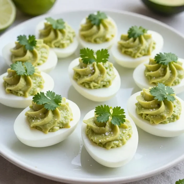 - 6 large eggs - 1 ripe avocado - 2 tablespoons fresh lime juice - 1 tablespoon creamy Greek yogurt - 1 teaspoon Dijon mustard - Salt and freshly cracked black pepper to taste - 1 small jalapeño, finely chopped (optional) - Fresh cilantro leaves for garnish Gathering fresh ingredients is key to making these Avocado Lime Deviled Eggs shine. Start with six large eggs. They create the perfect base. Choose a ripe avocado. It should feel soft but not mushy. Fresh lime juice adds bright flavor. You can squeeze your own or use bottled juice. Next, grab creamy Greek yogurt. It gives a rich texture and tang. Dijon mustard adds a nice kick. Don’t forget salt and black pepper for seasoning. If you love heat, add a small jalapeño, finely chopped. Finally, fresh cilantro leaves act as a lovely garnish. These ingredients work together to create a creamy, zesty filling. Each bite is a burst of flavor. You can mix and match if you like. Enjoy this simple and fresh take on a classic dish! {{ingredient_image_2}} To make perfect hard-boiled eggs, start with a medium pot. Place the eggs inside and cover them with water. Bring the water to a rolling boil. Once it boils, cover the pot and take it off the heat. Let the eggs sit for exactly 12 minutes. This timing gives you that ideal hard-boiled texture. After the 12 minutes, move the eggs to a bowl of ice water. This ice water bath is key. It cools the eggs quickly and helps with peeling. Let them sit in the ice bath for 5 to 7 minutes. Once cooled, tap each egg gently on a hard surface to crack the shell. Peel the eggs under running water. This helps loosen the shell, making it easier to remove. Now, slice each egg in half lengthwise. Scoop the yolks into a mixing bowl. Add the ripe avocado, fresh lime juice, Greek yogurt, and Dijon mustard. Season with salt and pepper to taste. If you want a kick, add the finely chopped jalapeño. Mixing these ingredients together is key for a smooth filling. Use a fork or handheld mixer to mix until creamy. To fill the egg whites, use a spoon or piping bag. Fill each half with the avocado-lime mixture, making it nice and mounded. For garnish, sprinkle a pinch of extra salt on top if you like. Then, place a fresh cilantro leaf on each egg for a pop of color and flavor. - Overcooking eggs: This makes the yolks dry and crumbly. Stick to the 12-minute rule for perfect hard-boiled eggs. - Under-seasoning the filling: Avocado needs flavor. Don't skip the salt and pepper. Taste and adjust as needed. - Incorporating spices: Try adding smoked paprika or chili powder for a kick. A pinch can elevate the taste. - Alternatives to Greek yogurt: If you want a dairy-free option, use mashed avocado or silken tofu instead. This keeps the filling creamy. - Ideal accompaniments: These eggs pair well with fresh veggies, crackers, or tortilla chips. A crisp side salad adds freshness. - Presentation ideas: Serve on a colorful platter. Adding lime slices and a sprinkle of paprika can make the dish pop visually. Pro Tips Perfectly Boiled Eggs: For the best hard-boiled eggs, use eggs that are at least a week old. They are easier to peel than fresh eggs. Avocado Freshness: To keep your avocado filling from browning, use fresh lime juice as it acts as a natural preservative. Spice It Up: If you want extra heat, add more jalapeño or a dash of hot sauce to the filling mixture for a flavorful kick. Garnish Wisely: Fresh herbs like cilantro or even microgreens not only add color but also enhance the overall flavor of the deviled eggs. {{image_4}} You can easily change the flavor of your Avocado Lime Deviled Eggs. - Incorporate smoked paprika: Just sprinkle a bit on top. This adds a nice smokiness. - Use different herbs: Fresh dill or parsley can give a fresh twist. Try experimenting with your favorites. You can adjust this recipe to fit your diet. - Making it vegan: Swap the Greek yogurt for silken tofu or a vegan yogurt. This keeps it creamy and delicious. - Low-carb adjustments: Skip the yogurt and use more avocado. This will keep it low in carbs and rich in taste. There are fun ways to serve these deviled eggs. - Deviled eggs in a salad: Toss the egg halves in a salad for a tasty meal. Add greens, tomatoes, and your favorite dressing. - Avocado lime egg salad: Chop the eggs and mix with more avocado, lime juice, and herbs. This makes a great spread for sandwiches or crackers. To keep your avocado lime deviled eggs fresh, follow these steps: - Refrigeration: Place the filled deviled eggs in an airtight container. This helps prevent them from drying out. You can also cover them tightly with plastic wrap. Store them in the fridge for up to 3 days. - Freezing Options: I do not recommend freezing these deviled eggs. The avocado and yogurt can change texture when thawed, which may affect taste and quality. Understanding how long your deviled eggs last is key to enjoying them safely: - Freshness Timeline: When stored properly, deviled eggs can last in the fridge for about 3 days. If you notice any changes in smell or color, it’s best to toss them. - Signs of Spoilage: Watch for signs like an off smell, discoloration, or a slimy texture. If you notice any of these, throw them away to ensure your safety. Avocado Lime Deviled Eggs stay fresh for up to three days in the fridge. Store them in an airtight container to keep them from drying out. If they change color or smell off, it's best to toss them. Yes, you can make these deviled eggs ahead of time. Prepare them a day in advance and keep them in the fridge. Just add the garnish right before serving for the best look. If you don’t have Greek yogurt, use sour cream or plain yogurt. They add creaminess without changing the taste too much. You can also use avocado instead for a richer flavor. Jalapeños are optional. They add a nice kick but can be left out if you prefer a milder taste. Feel free to adjust the spice level to suit your taste. To check if an avocado is ripe, gently squeeze it. It should feel slightly soft but not mushy. The skin color can vary, so focus on the feel. If it’s hard, leave it out at room temperature for a few days. Making Avocado Lime Deviled Eggs is easy and fun. We covered the key steps: boiling, cooling, peeling, mixing, and filling. I shared tips to avoid mistakes and enhance flavor. You can also tweak the recipe for your diet or style. Remember to store your leftovers properly for freshness. Enjoy these tasty bites at your next event! With this guide, you're ready to impress friends and family. Keep experimenting to find your perfect mix. Happy cooking!