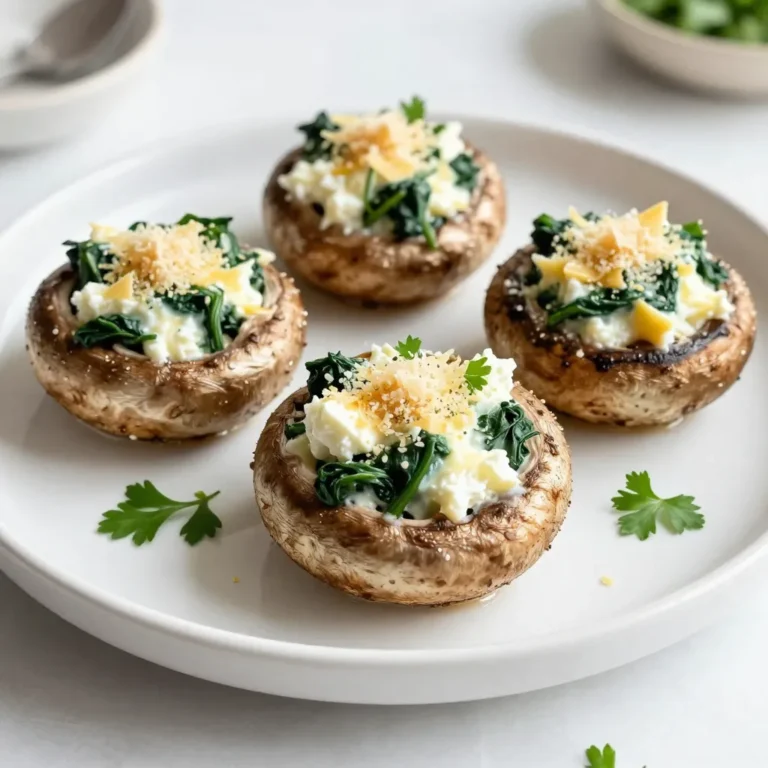 To create cheesy spinach stuffed mushrooms, gather these key ingredients: - 12 large portobello mushrooms, stems carefully removed - 2 cups fresh spinach, roughly chopped - 1 cup cream cheese, softened at room temperature - 1 cup ricotta cheese - 1 cup shredded mozzarella cheese - 1/2 cup grated Parmesan cheese - 2 cloves garlic, finely minced - 1 teaspoon Italian seasoning blend - 1/4 teaspoon red pepper flakes (optional for heat) - Salt and freshly ground black pepper to taste - 2 tablespoons olive oil, divided - Fresh parsley, finely chopped (for garnish) These ingredients come together to create a rich, savory filling that pairs perfectly with the earthy flavor of portobello mushrooms. The blend of cheeses adds creaminess, while the spinach provides freshness. Don't forget the garlic and spices to enhance the flavor. {{ingredient_image_2}} Start by setting your oven to 375°F (190°C). This temperature ensures the mushrooms bake evenly. A hot oven makes the cheese melt perfectly. Always remember to check that the oven is ready. Using an oven thermometer can help with accuracy. Be careful when opening the oven. Always use oven mitts to avoid burns. You need a skillet for this step. Heat 1 tablespoon of olive oil on medium heat. Once the oil shimmers, add 2 cloves of minced garlic. Sauté it for about 1 minute until it smells great. Next, add 2 cups of chopped spinach. Cook this for 2-3 minutes, stirring it often. The spinach should wilt down nicely. Once done, take the skillet off the heat and let it cool. Grab a large mixing bowl for this part. Combine 1 cup of softened cream cheese, 1 cup of ricotta cheese, 1 cup of shredded mozzarella, and 1/2 cup of grated Parmesan. Use a spatula or mixer to blend them together. Mix until the cheese is smooth and creamy. This texture is key for a great filling. Now, take your portobello mushrooms. Brush both sides with 1 tablespoon of olive oil. Sprinkle a little salt and pepper on them. Take the cheese and spinach mixture and fill each mushroom cap generously. Make sure to pile the filling a bit on top. This makes for a nice look and taste. Place the stuffed mushrooms on a baking sheet lined with parchment paper. Bake them in the oven for 20-25 minutes. Look for signs that they are ready: the mushrooms should be soft, and the cheese should be bubbly and golden. After baking, let them cool for a few minutes. Garnish with finely chopped parsley for a fresh touch. Serve them warm for the best flavor! To get the right creaminess, mix your cheeses well. I use cream cheese, ricotta, and mozzarella. This blend makes the filling rich and smooth. If you want a lighter mix, add more spinach. For flavor balance, use garlic and Italian seasoning. The red pepper flakes add a hint of heat, but adjust to your taste. For plating, arrange the stuffed mushrooms on a large platter. This makes a beautiful display. You can sprinkle extra Parmesan and parsley on top for color. Serve them warm as an appetizer or a side dish. They look great and taste even better! One common mistake is overstuffing the mushrooms. This can cause the filling to spill out while baking. Aim for a generous amount but don’t go overboard. Another mistake is underseasoning the filling. Taste as you go and adjust with salt and pepper. A well-seasoned filling makes all the difference in flavor! Pro Tips Choose Fresh Spinach: Always use fresh spinach for the best flavor and texture. If using frozen, ensure it's thoroughly drained and squeezed dry to avoid excess moisture in your filling. Mix Cheeses for Creaminess: For a smoother filling, blend the cream cheese and ricotta together until fully combined before adding the other ingredients. This ensures an even distribution of flavors. Experiment with Cheese: Feel free to substitute different cheeses like feta or goat cheese for a unique twist. Each cheese brings its own flavor profile that can enhance the dish. Serve Immediately: For the best experience, serve the stuffed mushrooms fresh out of the oven while they're hot, gooey, and delicious. They tend to lose their appeal as they cool. {{image_4}} You can boost the flavor by adding meat to the filling. Chicken or turkey works well. Just cook the meat first. Dice it into small pieces. Stir it into the cheese and spinach mix. You can also use cooked bacon or sausage for a smoky touch. Each option adds richness and makes the dish more filling. For a vegan twist, you can swap out the cheese. Use cashew cheese or almond cream instead. These options provide a similar creamy texture. You can also use tofu as a binding agent. Just blend it until smooth. This keeps your stuffed mushrooms tasty while making them dairy-free. If you like heat, add more red pepper flakes. You can also use diced jalapeños. For less heat, skip the flakes or use sweet peppers. Adjusting the spice level helps you create the perfect bite. This way, everyone can enjoy the flavor without burning their tongues. To store leftovers, let the mushrooms cool to room temperature. Place them in an airtight container. Keep the container in the fridge. They’ll last for up to three days. When you’re ready to eat, check for any signs of spoilage. If they look good, you can reheat them. Want to save some for later? You can freeze stuffed mushrooms! First, let them cool completely. Then, place them on a baking sheet in a single layer. Freeze them for about an hour. Once frozen, transfer them to a freezer-safe bag or container. They can last for up to three months in the freezer. Label the bag with the date for easy tracking. Reheat your stuffed mushrooms in the oven for the best results. Preheat your oven to 350°F (175°C). Place the mushrooms on a baking sheet. Cover them with foil to keep them moist. Heat for about 15-20 minutes. You can also use a microwave, but the texture may change. If you choose this method, heat in short bursts of 30 seconds, checking in between. Enjoy your cheesy spinach stuffed mushrooms warm! You can pair these stuffed mushrooms with many tasty sides. Here are some great options: - A fresh garden salad - Garlic bread or breadsticks - Roasted vegetables - Pasta with light sauce - Grilled chicken or fish These sides balance the rich flavor of the mushrooms. They also add color and texture to your meal. You can check if the mushrooms are done by looking for a few key signs: - The mushrooms should look tender and juicy. - The cheese on top should be bubbly and golden brown. - A fork should easily pierce through the mushrooms. When you see these signs, you know they are ready to eat. Yes, you can make the filling ahead of time! Here are some tips to do it: - Prepare the cheese and spinach filling a day before. - Store it in an airtight container in the fridge. - When you're ready, stuff the mushrooms and bake them. This makes cooking easy and quick when you want to enjoy them later! In this post, we explored how to create cheesy spinach stuffed mushrooms. We covered everything from ingredients to cooking steps. You now know how to prepare, bake, and serve them perfectly. Remember, the key is balance in flavor and texture. Don’t forget to customize your filling with meats or spices if you like. With these tips and variations, you can make this dish your own. Try these mushrooms for your next meal, and enjoy the great taste!