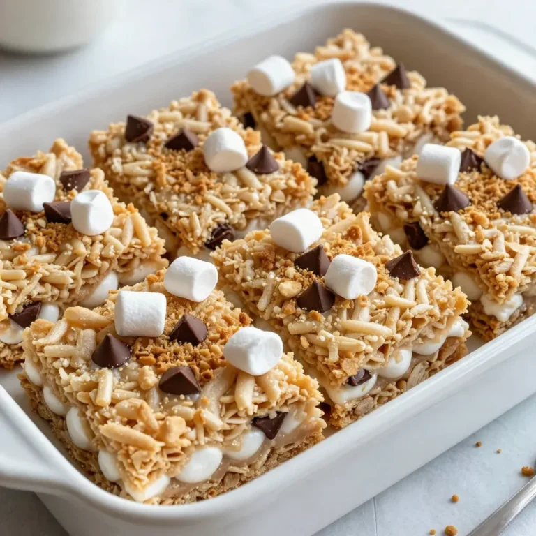 - 4 cups Rice Krispies cereal - 2 cups mini marshmallows - 1 cup graham cracker crumbs, plus extra for topping - 1 cup chocolate chips (use milk or dark based on preference) - 3 tablespoons unsalted butter - 1 teaspoon vanilla extract - A pinch of salt - Additional mini marshmallows for topping Gather these ingredients to make your S'mores Rice Krispie Treats. Rice Krispies cereal gives the treat its crunch. The mini marshmallows add a soft sweetness, while the graham cracker crumbs bring the classic s'mores flavor. Choose chocolate chips you like best, whether milk chocolate or dark. Unsalted butter helps everything stick together. A splash of vanilla extract boosts the flavor, and a pinch of salt balances the sweetness. Finally, add more mini marshmallows on top to make it look nice and taste even better. Each ingredient plays a role in creating a snack that is fun and tasty. The mix of textures and flavors makes these treats a hit with family and friends. You can easily find these items at your local grocery store. {{ingredient_image_2}} 1. Start by taking a large saucepan. Melt 3 tablespoons of unsalted butter over low heat. Stir gently to keep the butter from browning. 2. Once the butter melts, add 2 cups of mini marshmallows. Stir constantly until the marshmallows are smooth and melted. 3. After the marshmallows melt, add 1 teaspoon of vanilla extract and a pinch of salt. Mix well to combine. 4. Remove the saucepan from the heat to stop cooking. Quickly stir in 1 cup of graham cracker crumbs and 4 cups of Rice Krispies cereal. 5. Mix until every Rice Krispies piece is coated in the gooey marshmallow mix. 6. Finally, gently fold in 1 cup of chocolate chips. This gives a sweet taste in every bite. 1. Grease a 9x13-inch baking dish with butter or non-stick spray. 2. Carefully transfer the mixture into the baking dish. Use a spatula to press it down firmly for a smooth layer. 3. To finish, sprinkle extra mini marshmallows and graham cracker crumbs on top for added flavor and texture. 1. Let the S'mores Rice Krispie Treats cool at room temperature for about 30 minutes. This helps them firm up nicely. 2. Once they are set, slice them into squares for serving. 3. For a fun twist, place the treats under a broiler for 1-2 minutes. This lightly toasts the marshmallows on top. Watch closely to avoid burning. Enjoy the delicious toasted flavor! - Ensuring the right temperature: Melt the butter over low heat. This prevents it from burning. When you add marshmallows, stir until fully melted. A smooth mixture is key! - Mixing tips for even distribution: After melting, quickly mix in graham cracker crumbs and Rice Krispies. Stir until all pieces are coated. This helps every bite taste great. - Pressing the mixture evenly: Use a spatula to press the mixture into the baking dish. Make sure it is flat and packed down. This helps the treats hold together. - Overheating the butter or marshmallows: If you cook them too long, they might burn. This ruins the flavor and texture. Keep the heat low and watch closely. - Skipping the cooling time: Let the treats cool for about 30 minutes. This helps them set properly. If you cut them too soon, they may fall apart. - Presentation ideas for gatherings: Arrange the squares on a nice platter. Garnish with graham cracker pieces and extra chocolate chips. This makes them look festive and inviting. - Pairing with beverages: These treats go well with milk or hot cocoa. You can also serve them with coffee for a fun twist. Enjoy them as a sweet snack! Pro Tips Use Fresh Ingredients: Ensure your marshmallows and chocolate chips are fresh for the best flavor and texture in your treats. Press Firmly: When transferring the mixture to the baking dish, press down firmly to create a dense texture that will hold together well. Storage Tips: Store your S'mores Rice Krispie Treats in an airtight container to keep them soft and chewy for longer. Experiment with Flavors: Try adding different flavor extracts or mix-ins, like peanut butter chips or crushed nuts, for a unique twist on the classic recipe. {{image_4}} You can change the flavor of S'mores Rice Krispie Treats easily. Try using dark chocolate or white chocolate instead of regular chocolate chips. Each type brings a new taste. You can also mix in peanut butter chips for a nutty twist. For toppings, add chopped nuts or dried fruits. Chopped strawberries or banana slices add a fun fruity touch. If you need gluten-free options, use gluten-free Rice Krispies. This way, everyone can enjoy the treats. For a vegan version, swap the butter with coconut oil. Use dairy-free chocolate chips and vegan marshmallows. These changes keep the treat tasty while meeting dietary needs. For holidays, you can add themed sprinkles. Use red and green for Christmas or orange and black for Halloween. You can also make them festive by mixing in crushed peppermint or pumpkin spice. For themed parties, try adding colorful candies to the top. These small changes make your treats exciting and fun for any occasion. To keep your S'mores Rice Krispie Treats fresh, store them at room temperature. Place them in an airtight container. This keeps them soft and chewy. If you live in a humid area, wrapping them in plastic wrap is a good idea. You can also refrigerate the treats. Just make sure to cover them well. This can help them last longer. The cool air will keep them from getting too sticky. When stored properly, these treats stay fresh for about one week at room temperature. If you refrigerate them, they can last up to two weeks. However, keep an eye on them. Signs of spoilage include a hard texture or any strange smells. If they feel dry or crumbly, it's best to toss them. Freezing S'mores Rice Krispie Treats is easy. Cut them into squares first. Then, wrap each square tightly in plastic wrap. Place them in a freezer-safe bag or container. Make sure to remove as much air as possible to prevent freezer burn. To thaw, simply take them out and let them sit at room temperature for about 30 minutes. You can also reheat them in the microwave for a few seconds if you prefer a warm treat. Enjoy! To cut Rice Krispie Treats cleanly, use a sharp knife. Lightly grease the knife to prevent sticking. Cut the treats while they are still slightly warm for best results. For a neat look, press down gently and pull the knife straight up. This method keeps the edges smooth and tidy. Arrange the squares on a nice platter for a great presentation. Yes, you can make these treats ahead of time. Prepare them and let them cool completely. Then, store them in an airtight container. They stay fresh for about three days at room temperature. If you want, you can even freeze them. Just wrap them well in plastic wrap and foil. Thaw them on the counter before serving. If your treats turn out hard or crumbly, they might have too much cereal. To fix this, melt a bit more butter and marshmallows. Mix this into the treats until they become soft again. If they are too dry, adding a little extra marshmallow can help. Remember to mix gently to keep the texture light and airy. Yes, this recipe is naturally nut-free. You can use alternative toppings like crushed cookies or dried fruits. For a bit of crunch, add seeds or coconut flakes instead of nuts. Always check labels if you buy pre-made ingredients to ensure they are nut-free. This way, everyone can enjoy the treats! You’ve learned how to make delicious S'mores Rice Krispie Treats step by step. We covered ingredients, preparation, and fun variations. Remember to avoid common mistakes and follow storage tips for freshness. Try new flavors and find ways to make these treats fit your needs. With a few simple steps, you can enjoy tasty treats that everyone loves. Now it’s your turn to create and share these fun snacks!